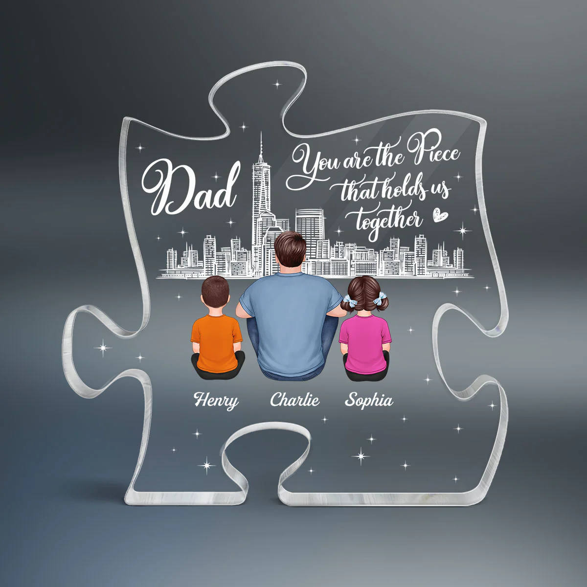 Dad You Are The Piece That Holds Us Together Back View Man Sitting With Kids Dogs Cats Personalized Puzzle Acrylic Block Plaque - Image 3