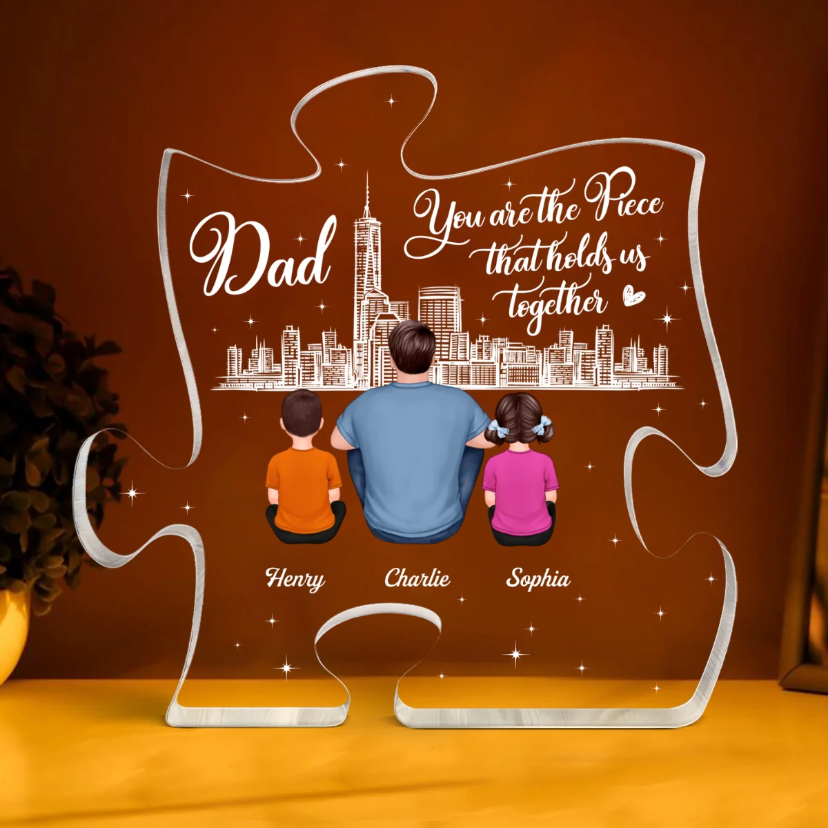Dad You Are The Piece That Holds Us Together Back View Man Sitting With Kids Dogs Cats Personalized Puzzle Acrylic Block Plaque - Image 4