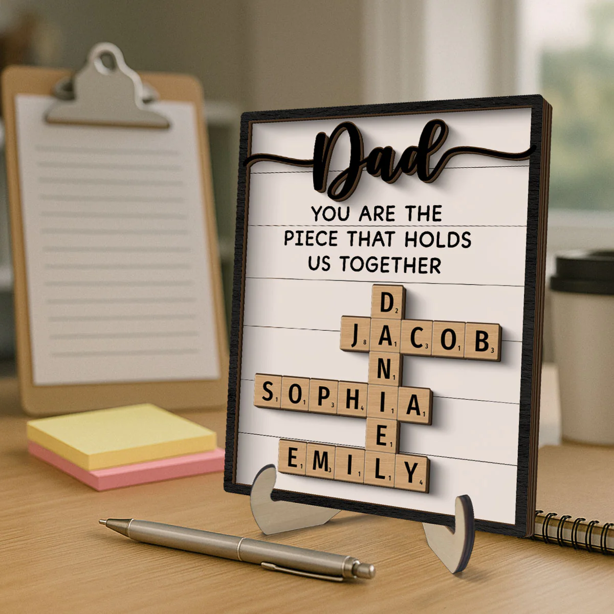 Dad You Are The Piece That Holds Us Together Crossword Puzzle Art Personalized 2-Layer Wooden Plaque - Image 3