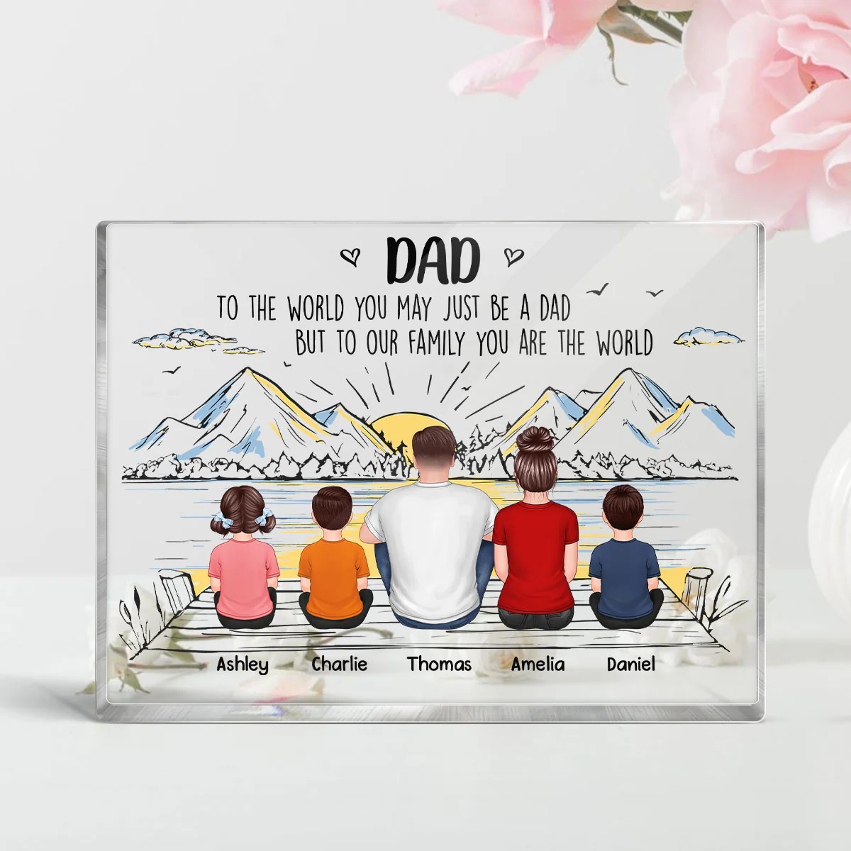 Dad You Are The World Man Kids Dogs Cats Back View Personalized Horizontal Rectangle Acrylic Block Plaque