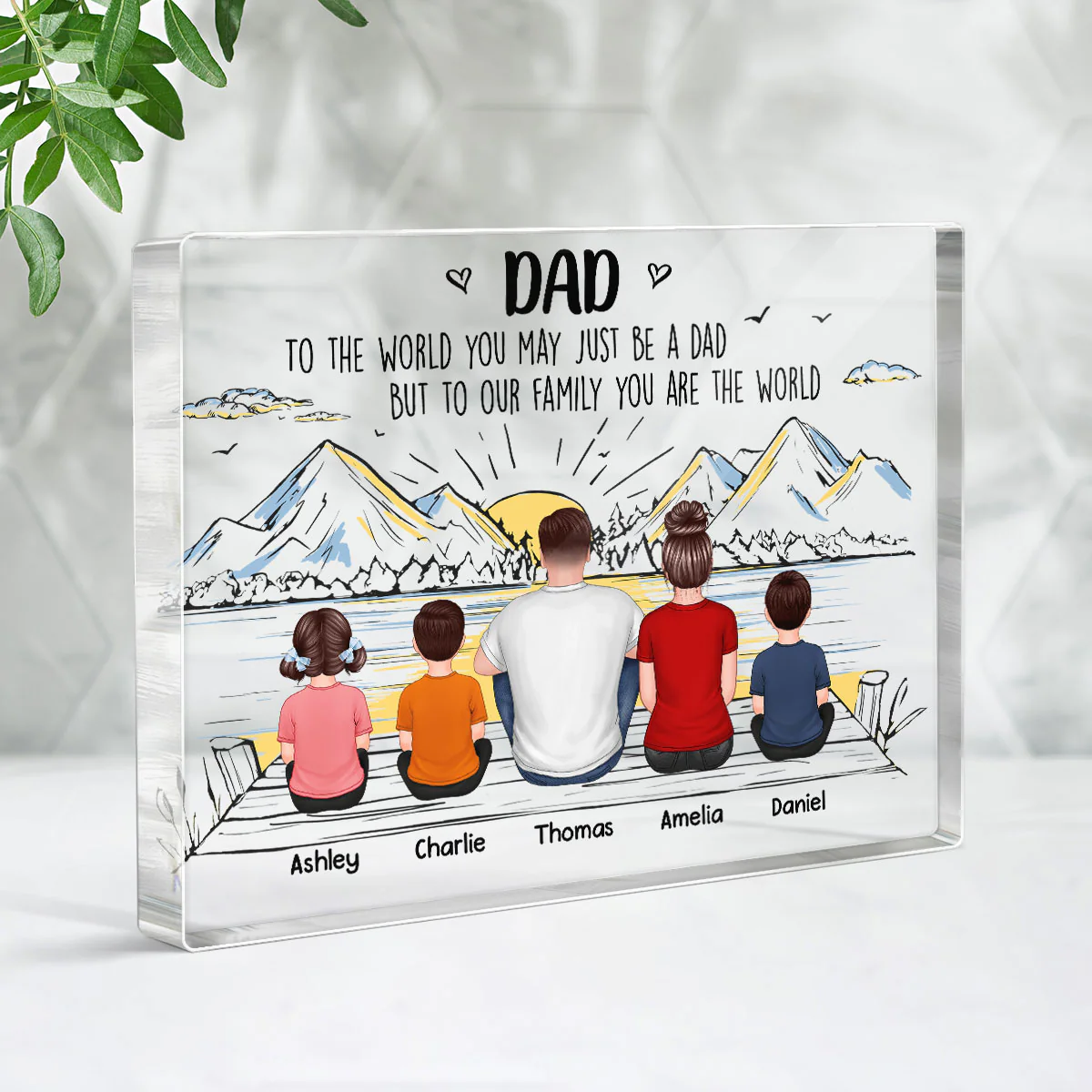 Dad You Are The World Man Kids Dogs Cats Back View Personalized Horizontal Rectangle Acrylic Block Plaque - Image 3