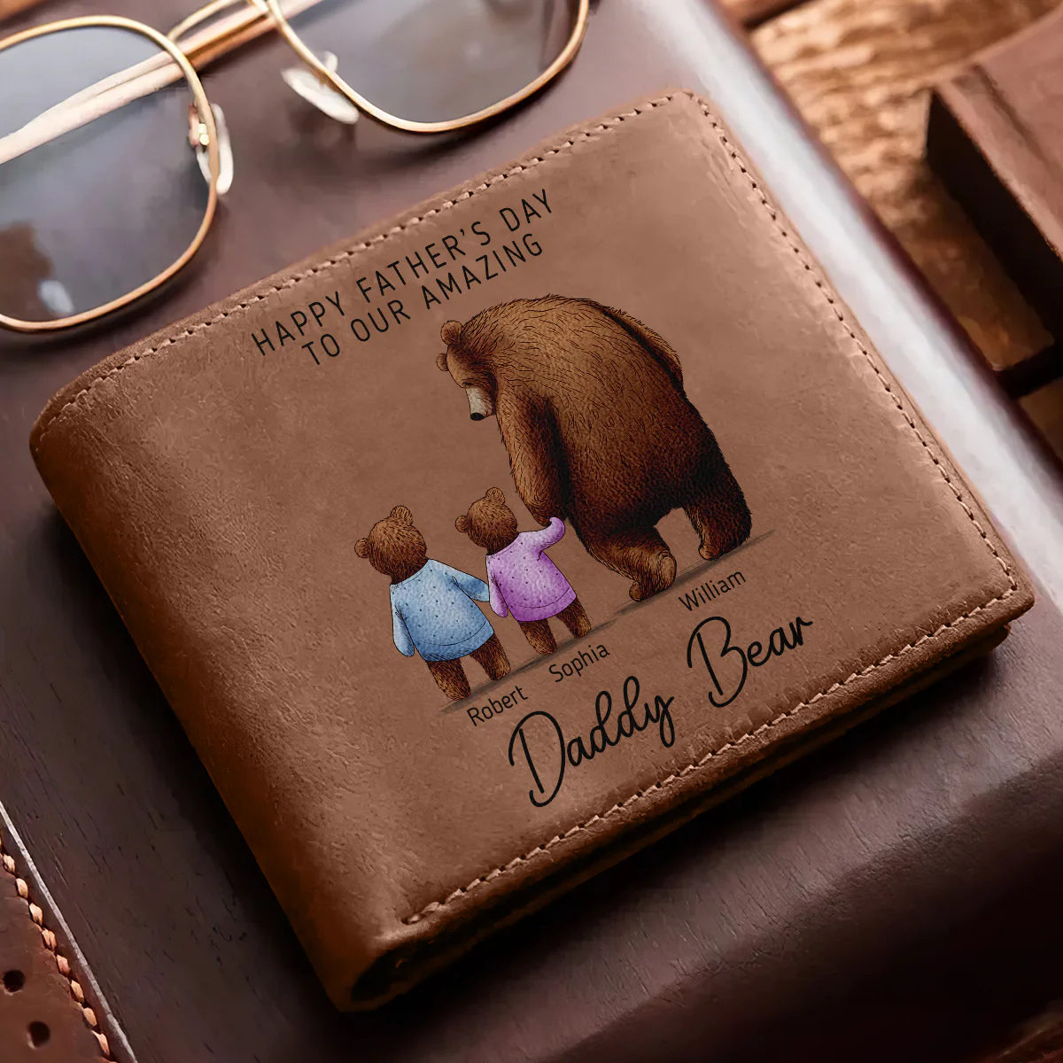 Daddy Bear With His Cubs Personalized Printed Leather Wallet - Image 2
