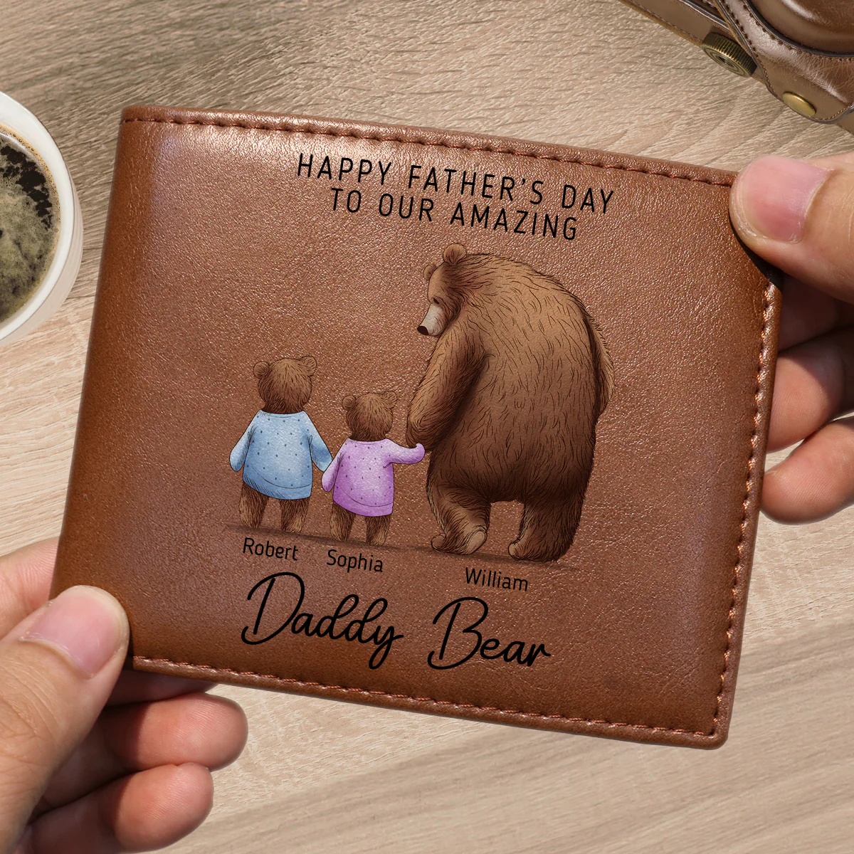 Daddy Bear With His Cubs Personalized Printed Leather Wallet - Image 3