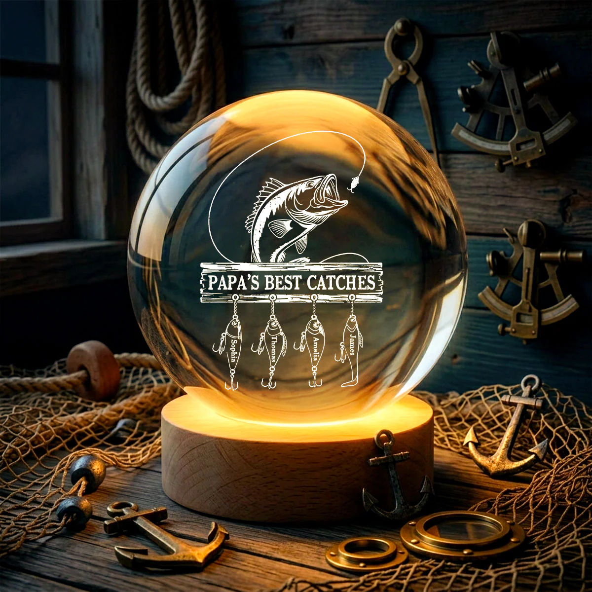 Daddy Grandpa Best Catch Fishing - Personalized Crystal Ball LED Night Light - Heartfelt Gift For Dad, Gift For Grandpa - Image 2