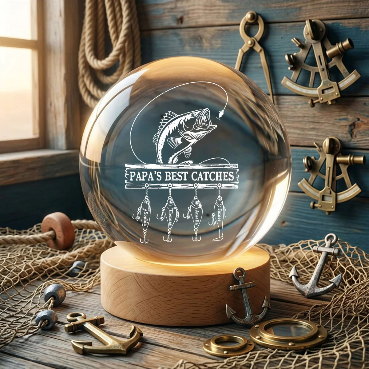 Daddy Grandpa Best Catch Fishing - Personalized Crystal Ball LED Night Light - Heartfelt Gift For Dad, Gift For Grandpa - Image 3
