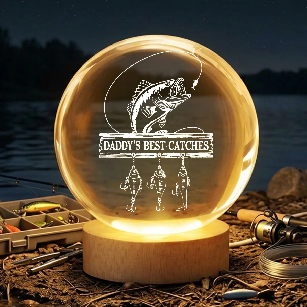 Daddy Grandpa Best Catch Fishing - Personalized Crystal Ball LED Night Light - Heartfelt Gift For Dad, Gift For Grandpa - Image 4