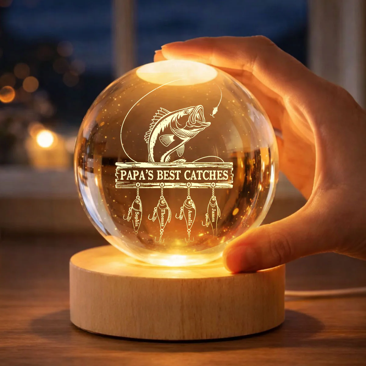 Daddy Grandpa Best Catch Fishing - Personalized Crystal Ball LED Night Light - Heartfelt Gift For Dad, Gift For Grandpa - Image 5