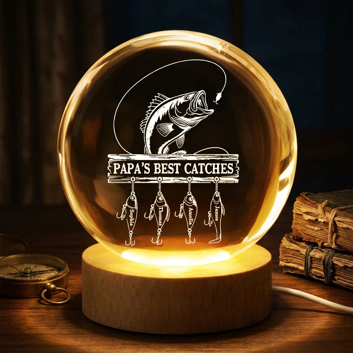 Daddy Grandpa Best Catch Fishing - Personalized Crystal Ball LED Night Light - Heartfelt Gift For Dad, Gift For Grandpa - Image 7