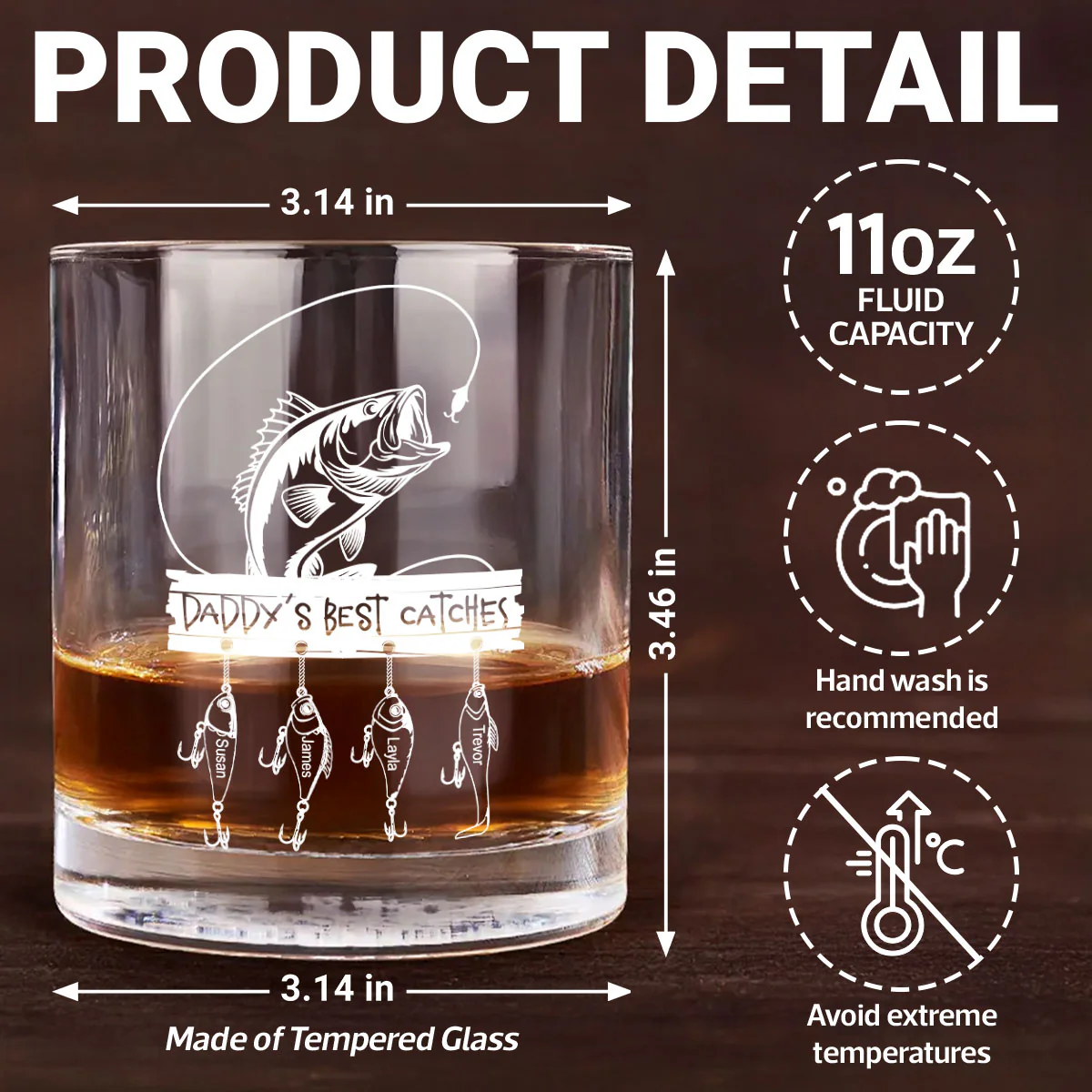 Daddy Grandpa Best Catch Personalized Whiskey Glass, Father's Day gift for Fishing Dad - Image 7