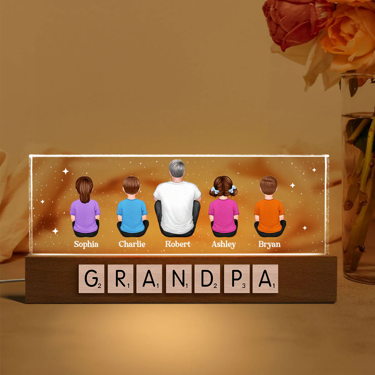 Daddy Grandpa Letters Wood Texture Sitting Back View Personalized Acrylic LED Night Light - Image 2