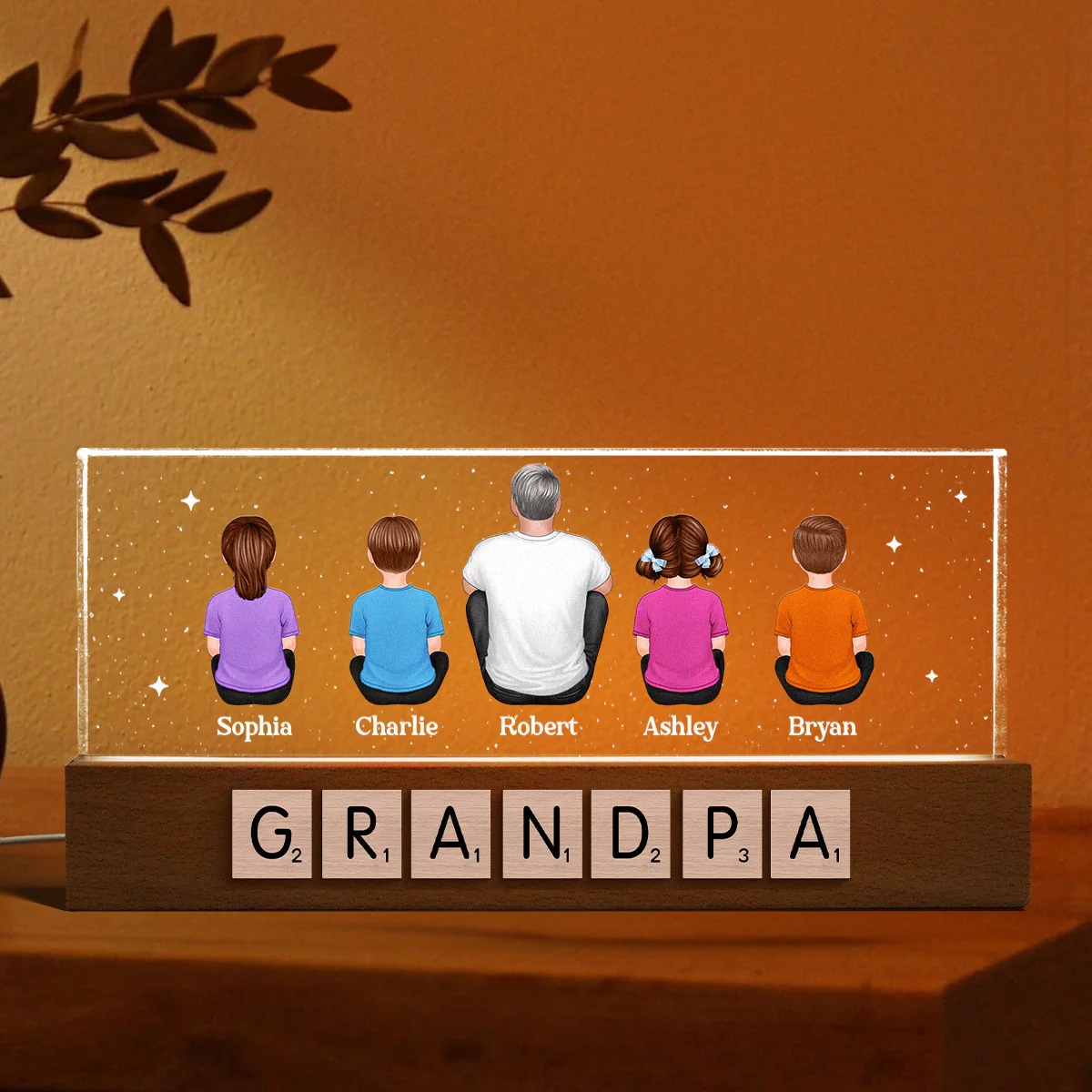 Daddy Grandpa Letters Wood Texture Sitting Back View Personalized Acrylic LED Night Light - Image 4