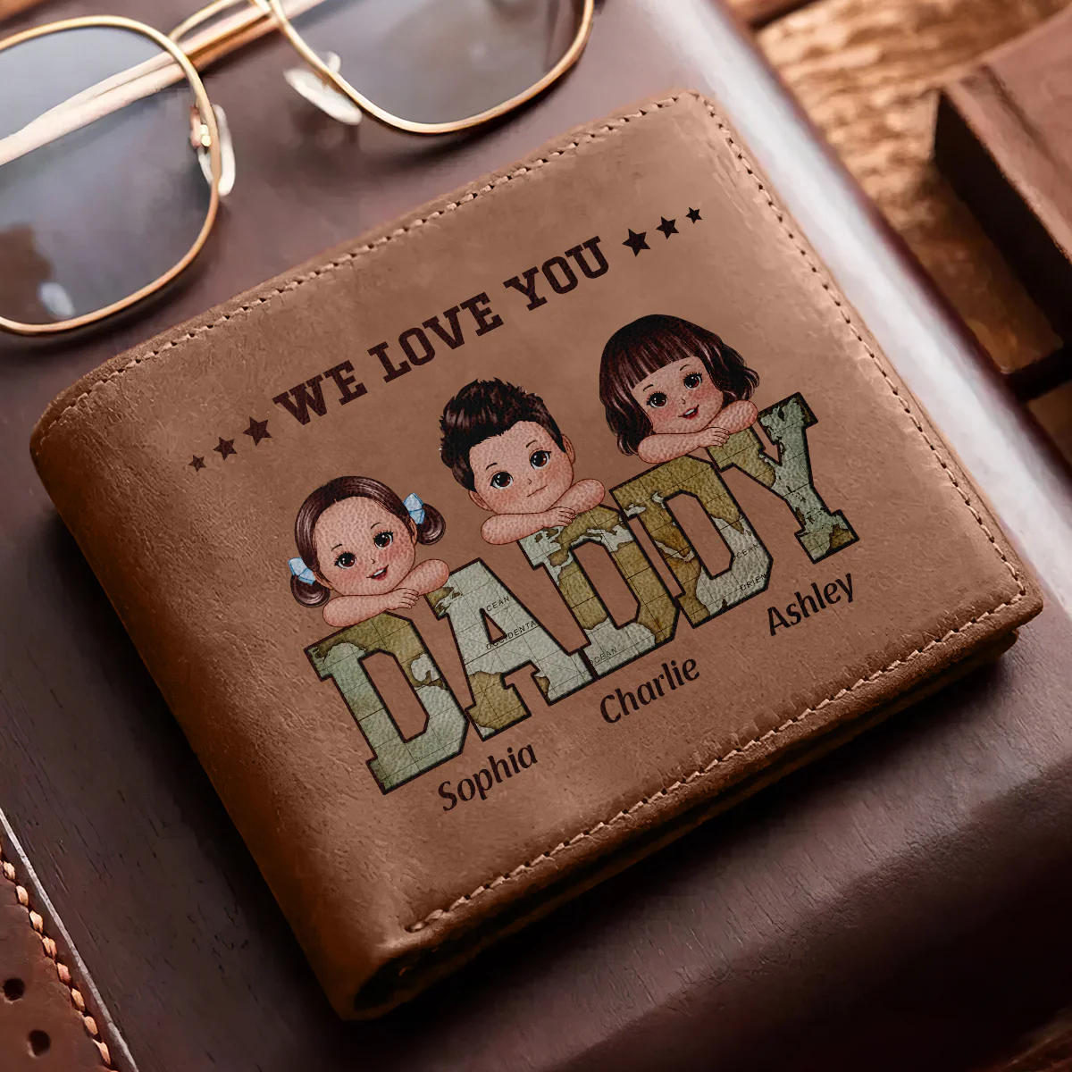 Daddy Grandpa We Love You World Map Pattern Personalized Printed Leather Wallet - Image 2