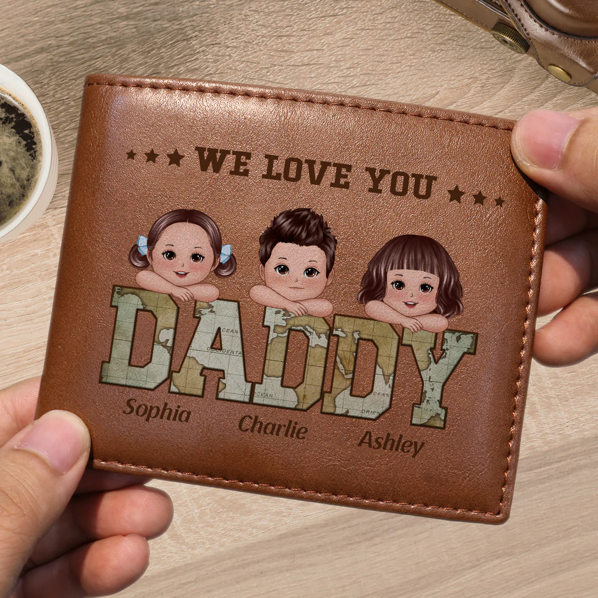 Daddy Grandpa We Love You World Map Pattern Personalized Printed Leather Wallet - Image 3