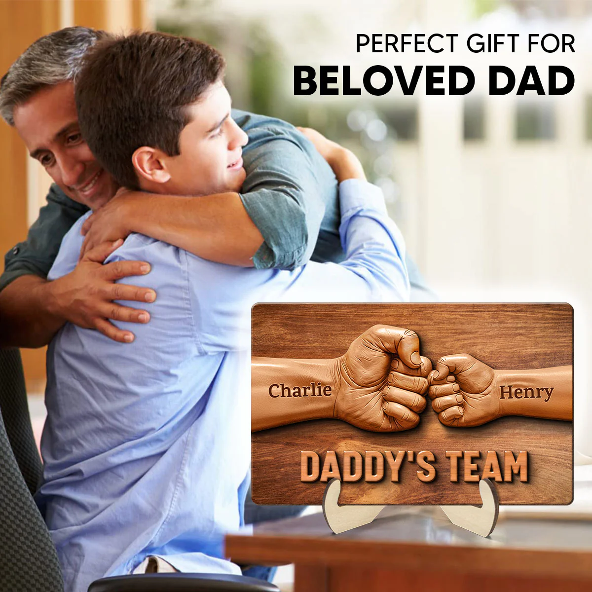 Daddy Team Fist Bump 3D Effect Wooden Sculpture Personalized 2-Layerd Wooden Plaque, Gift - Image 3