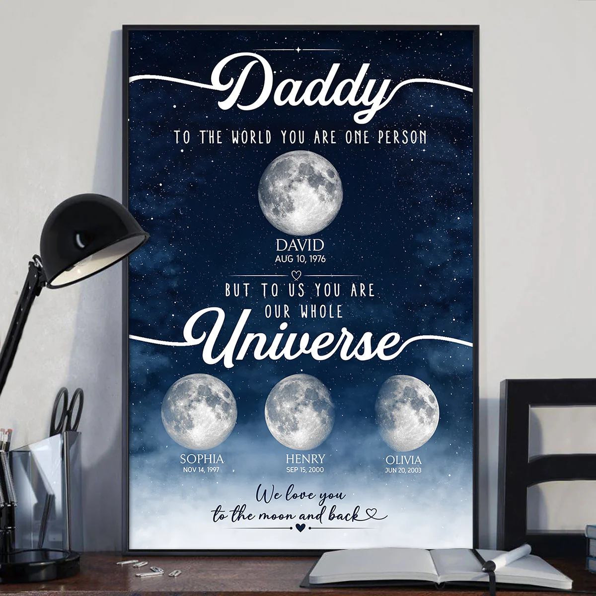 Daddy To Us You Are the World Custom Moon Phase by Date - Personalized Poster - Father's Day Gift for Son
