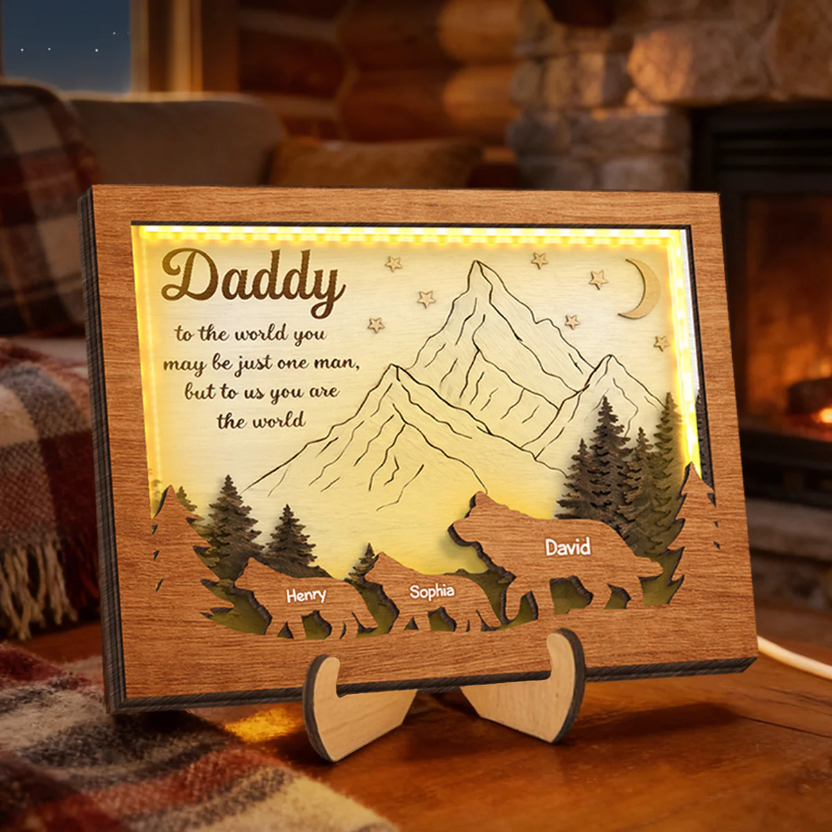 Daddy to Us You Are the World - Personalized 2-Layered Wooden Plaque LED Night Light - Sentimental Gift for Dad, Husband - Image 2