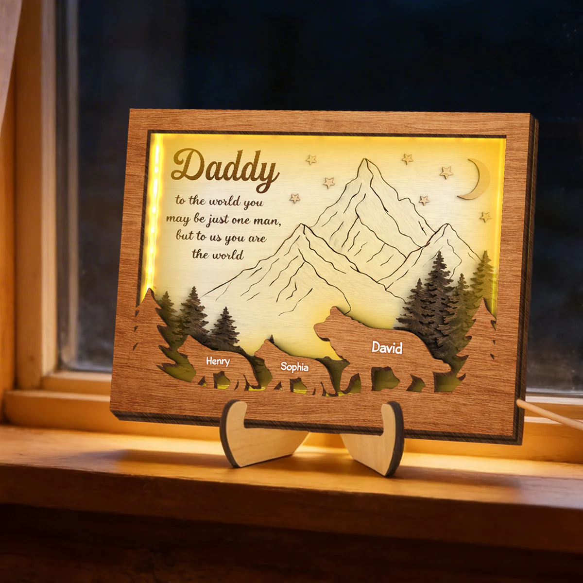 Daddy to Us You Are the World - Personalized 2-Layered Wooden Plaque LED Night Light - Sentimental Gift for Dad, Husband - Image 3