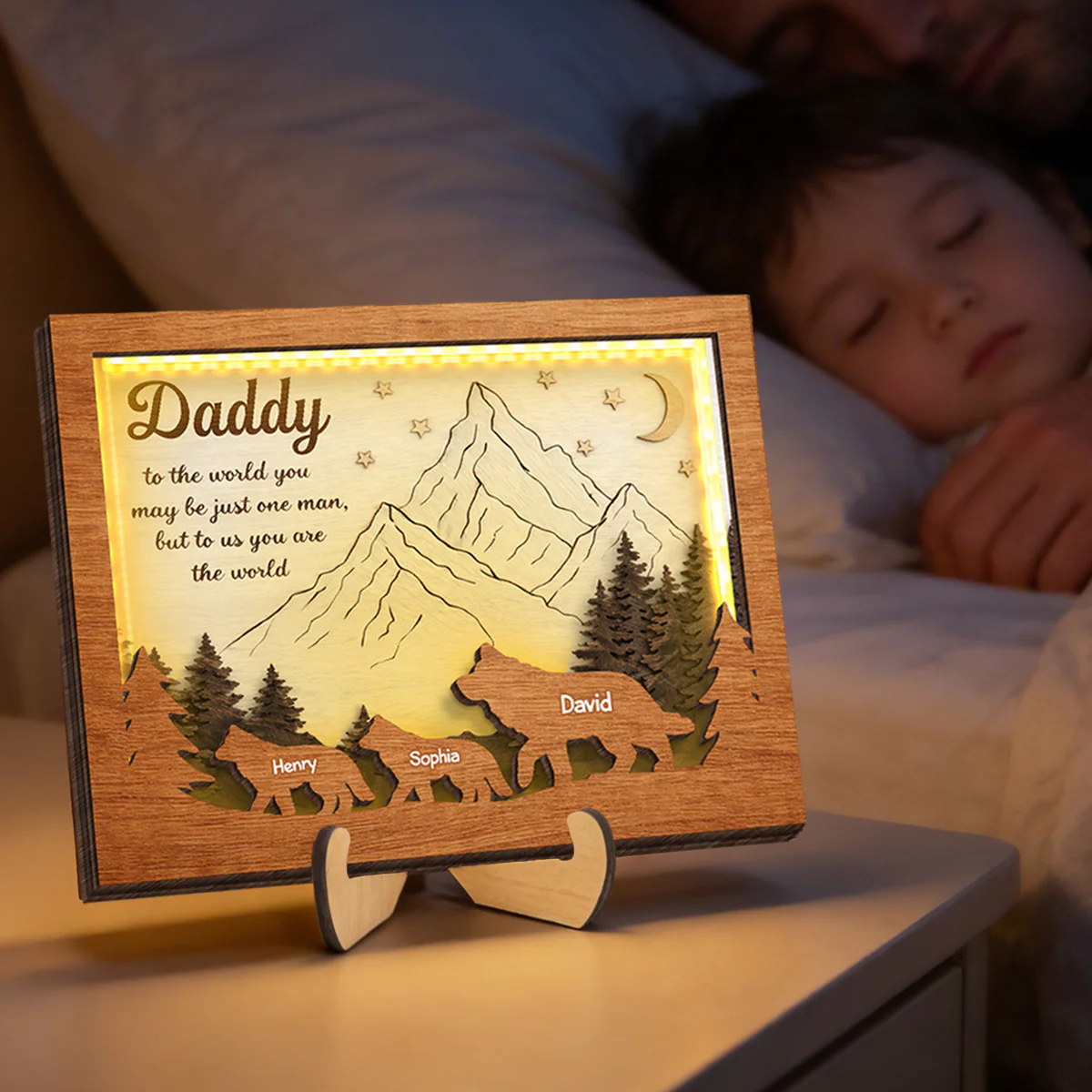 Daddy to Us You Are the World - Personalized 2-Layered Wooden Plaque LED Night Light - Sentimental Gift for Dad, Husband - Image 4