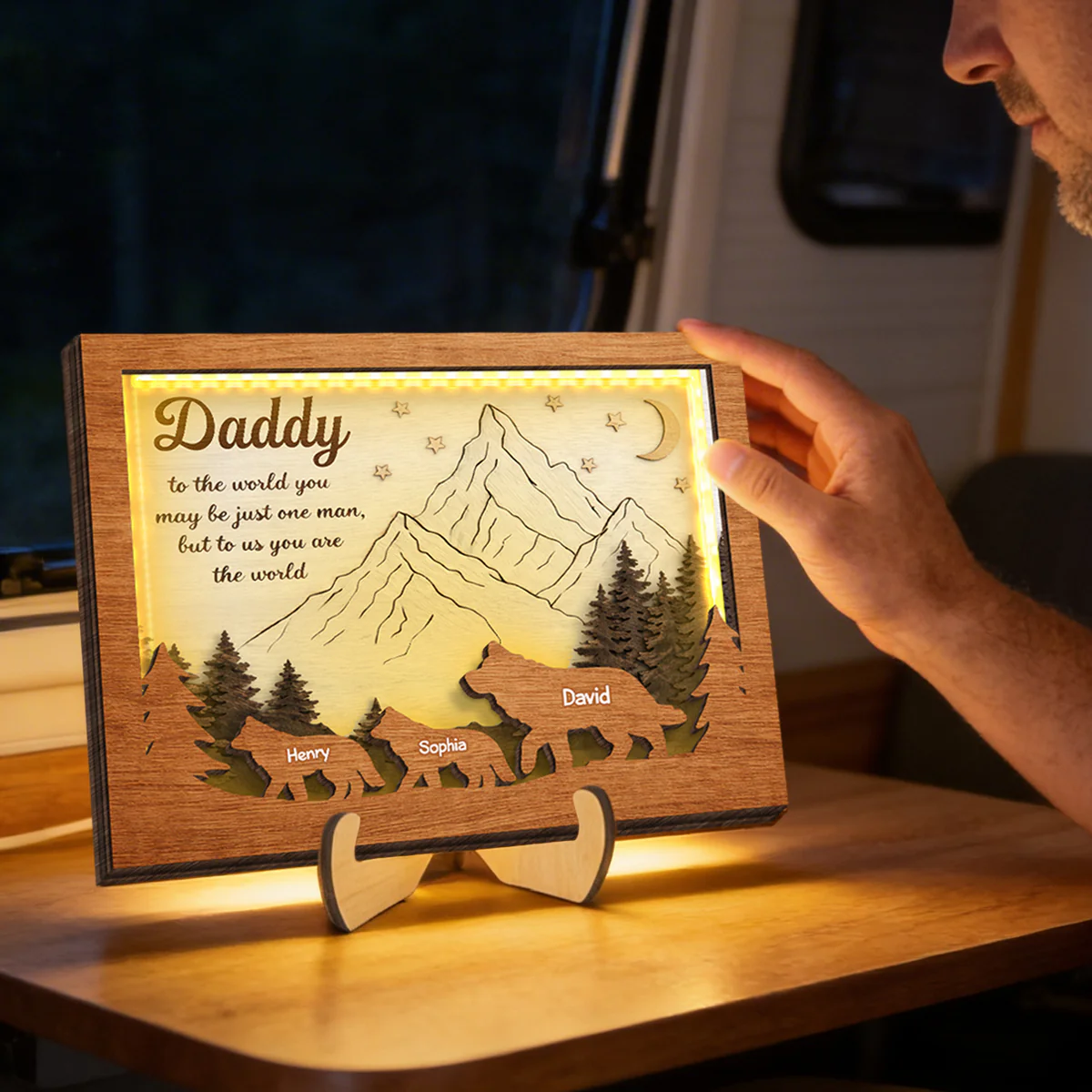 Daddy to Us You Are the World - Personalized 2-Layered Wooden Plaque LED Night Light - Sentimental Gift for Dad, Husband - Image 5
