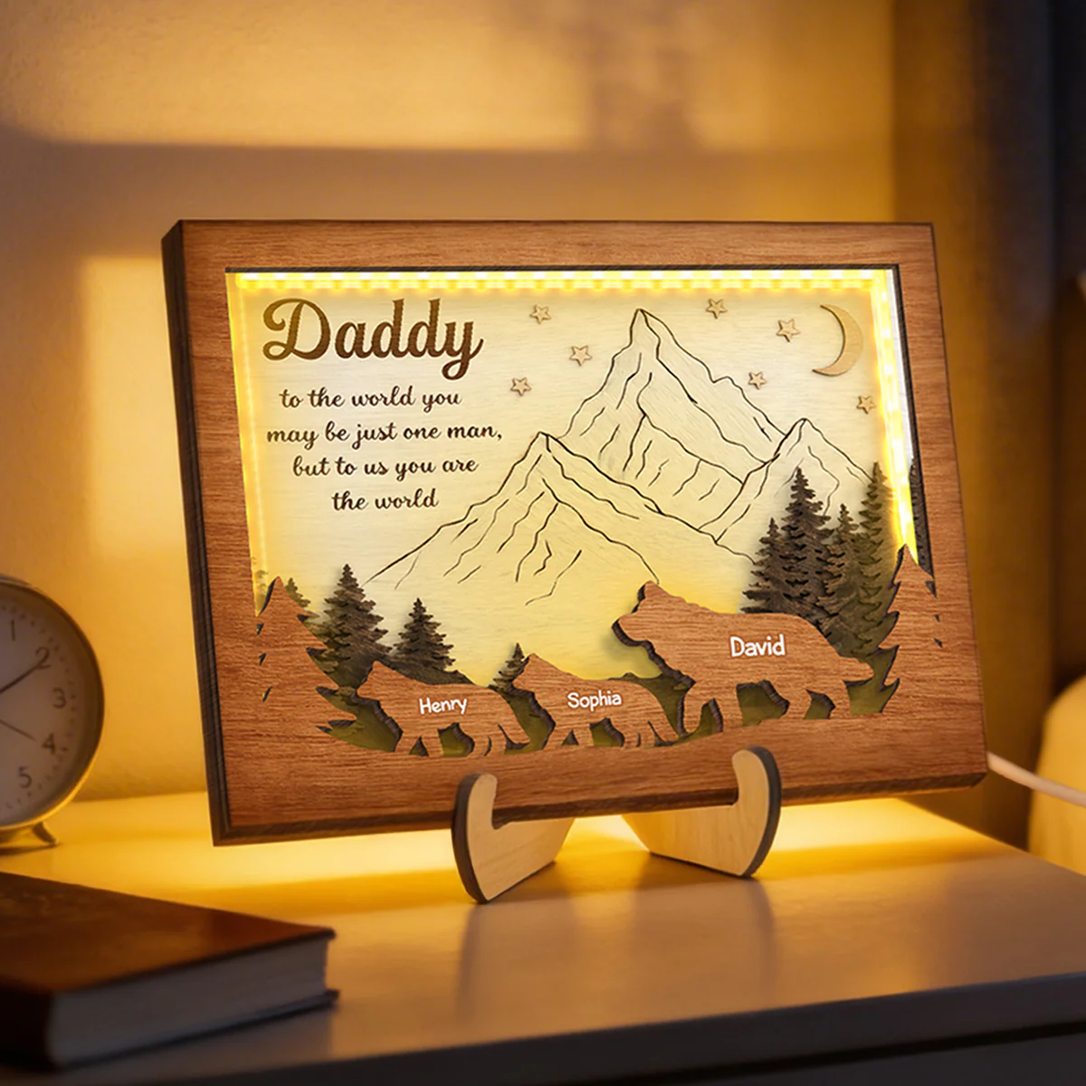 Daddy to Us You Are the World - Personalized 2-Layered Wooden Plaque LED Night Light - Sentimental Gift for Dad, Husband - Image 6