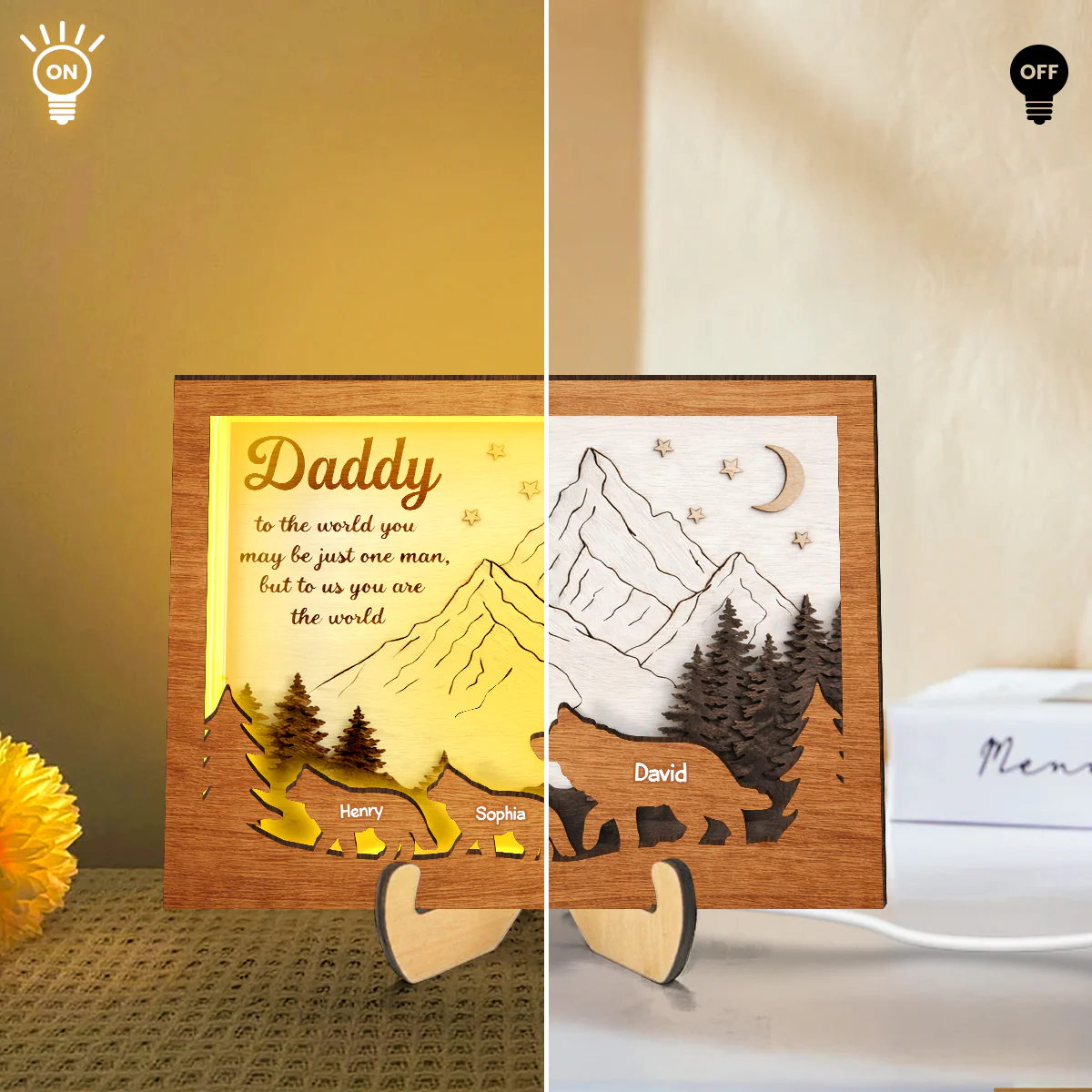 Daddy to Us You Are the World - Personalized 2-Layered Wooden Plaque LED Night Light - Sentimental Gift for Dad, Husband - Image 7