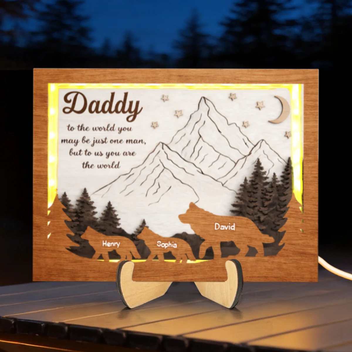 Daddy to Us You Are the World - Personalized 2-Layered Wooden Plaque LED Night Light - Sentimental Gift for Dad, Husband - Image 9