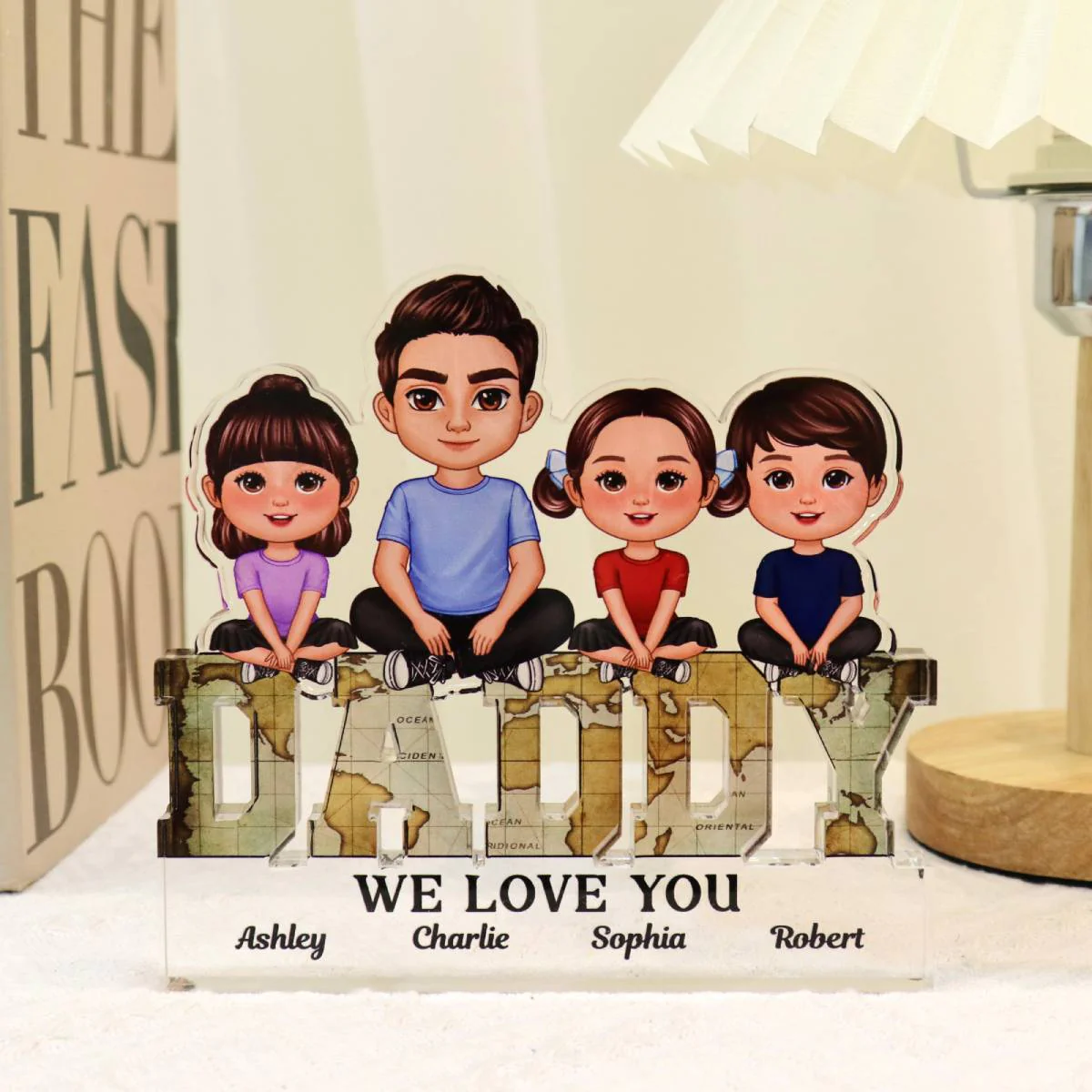 Daddy We Love You Dad & Kids Sitting On Word Personalized Acrylic Block Plaque - Image 3