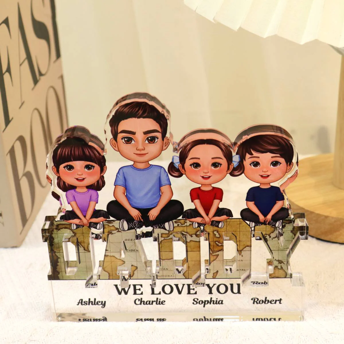 Daddy We Love You Dad & Kids Sitting On Word Personalized Acrylic Block Plaque - Image 4