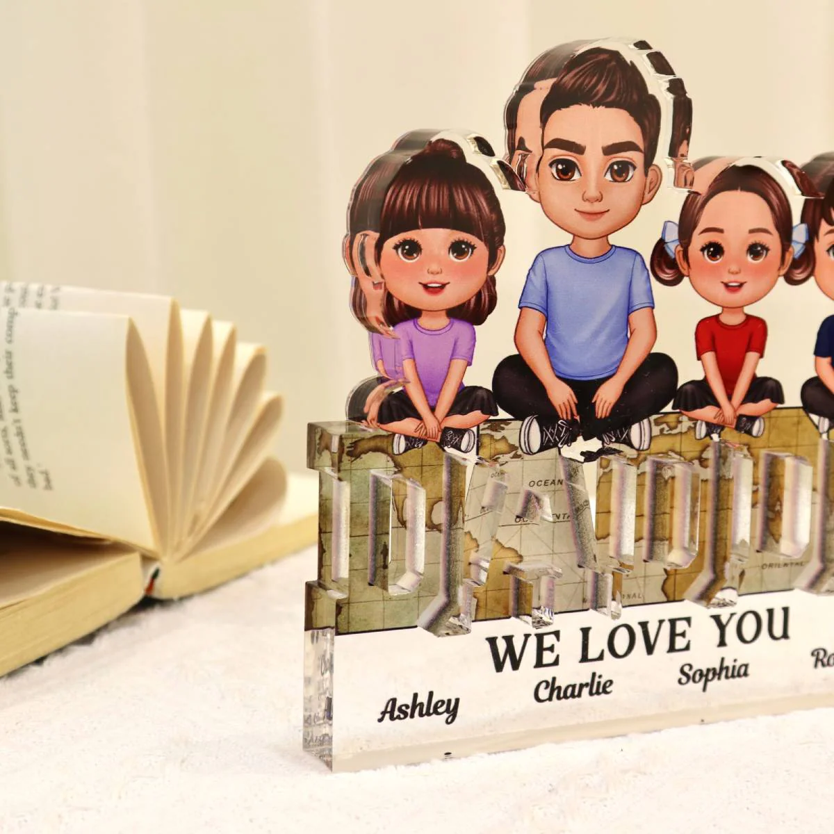 Daddy We Love You Dad & Kids Sitting On Word Personalized Acrylic Block Plaque - Image 5