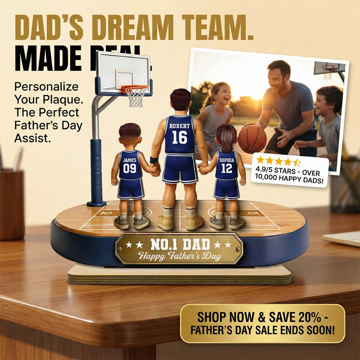 Daddy's Basketball Dream Team - Personalized 2-Layered Wooden Plaque -  Gift For Basketball Dad - Image 2