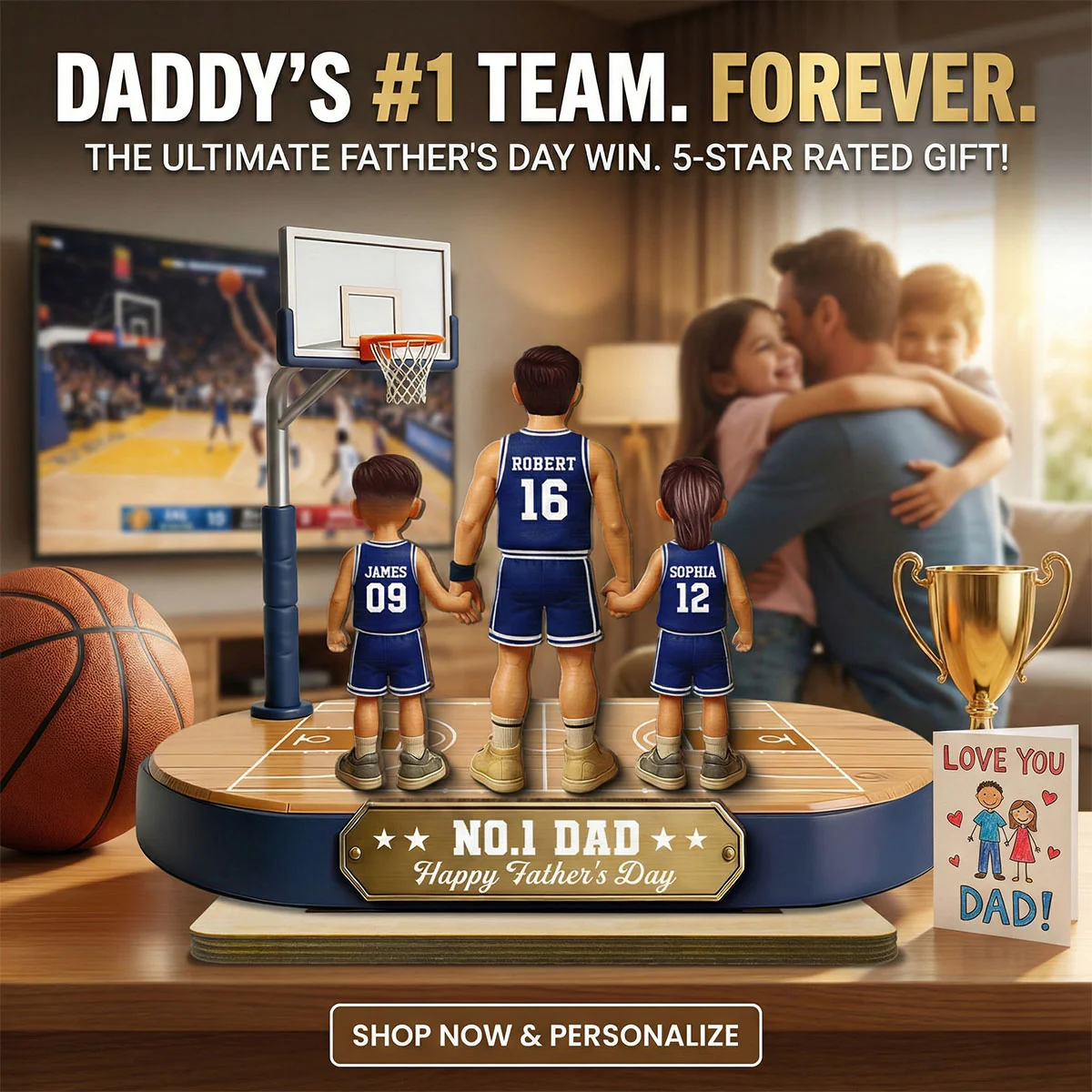 Daddy's Basketball Dream Team - Personalized 2-Layered Wooden Plaque -  Gift For Basketball Dad - Image 8