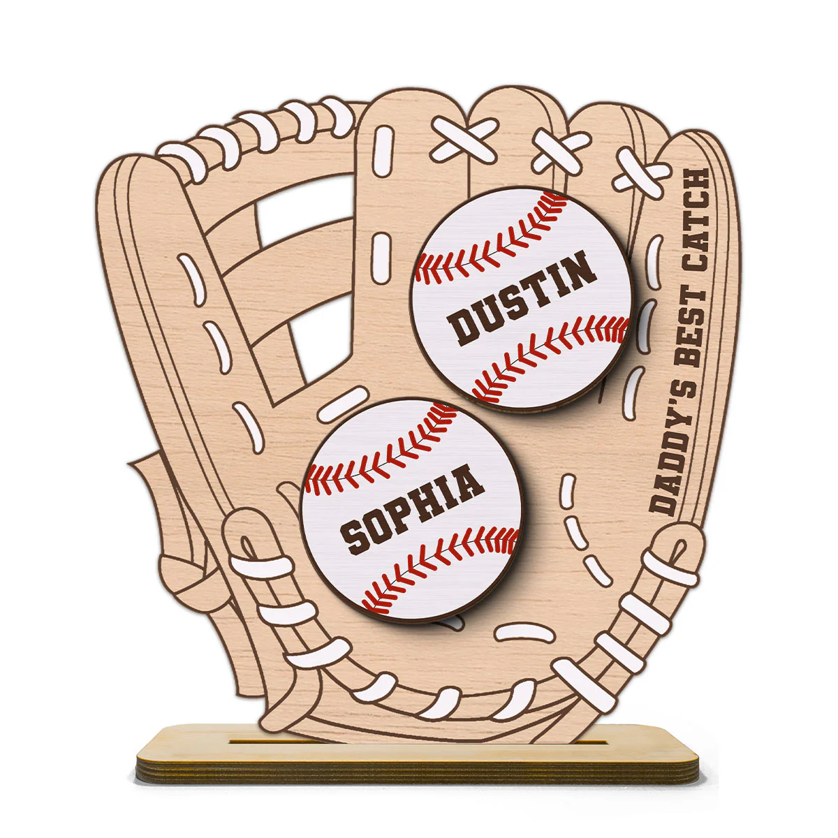 Daddy‘s Best Catch Kids Names In Baseball Glove Personalized 2-Layer Standing Wooden Plaque - Image 10