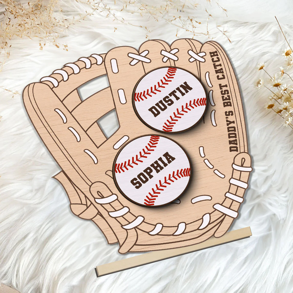Daddy‘s Best Catch Kids Names In Baseball Glove Personalized 2-Layer Standing Wooden Plaque - Image 13