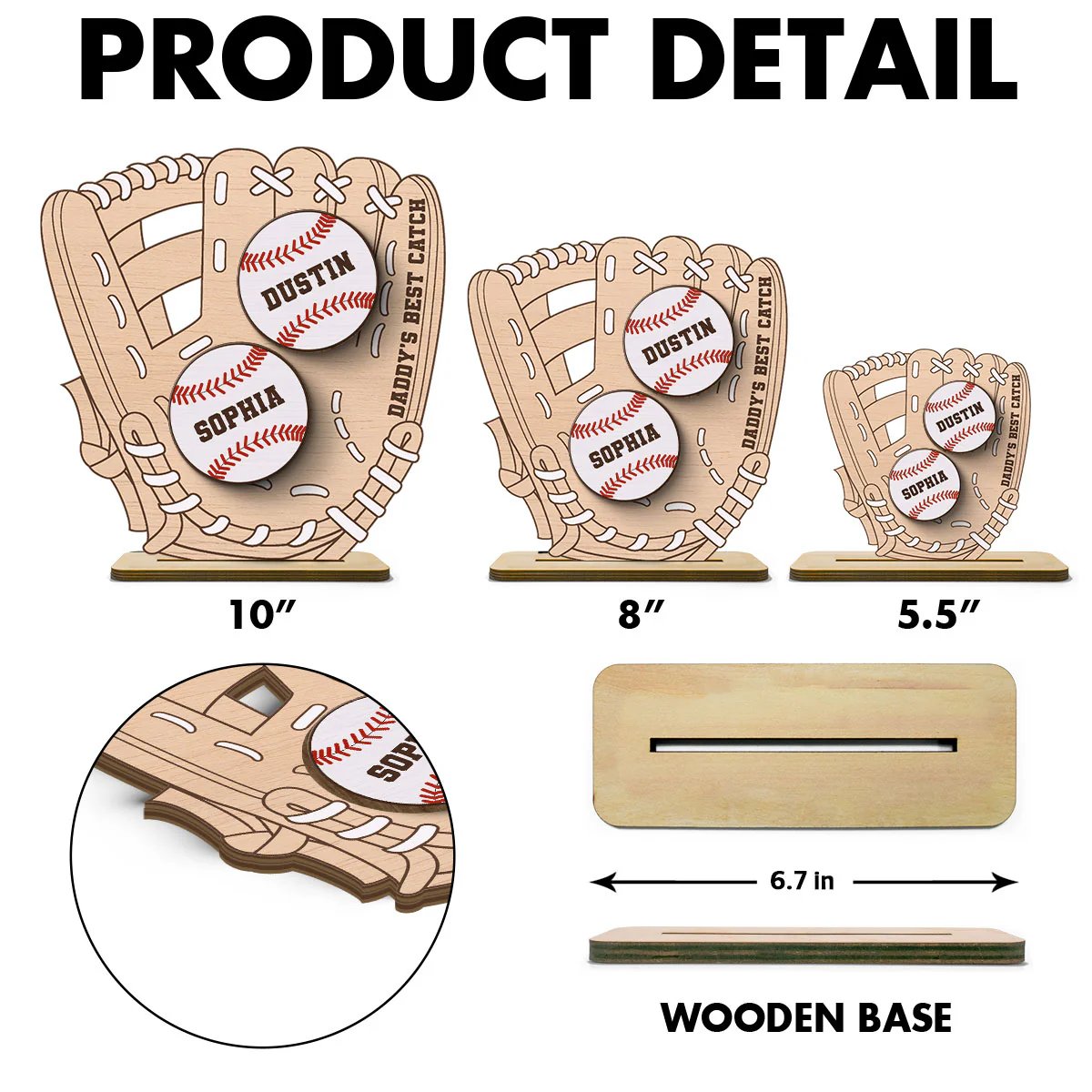 Daddy‘s Best Catch Kids Names In Baseball Glove Personalized 2-Layer Standing Wooden Plaque - Image 14