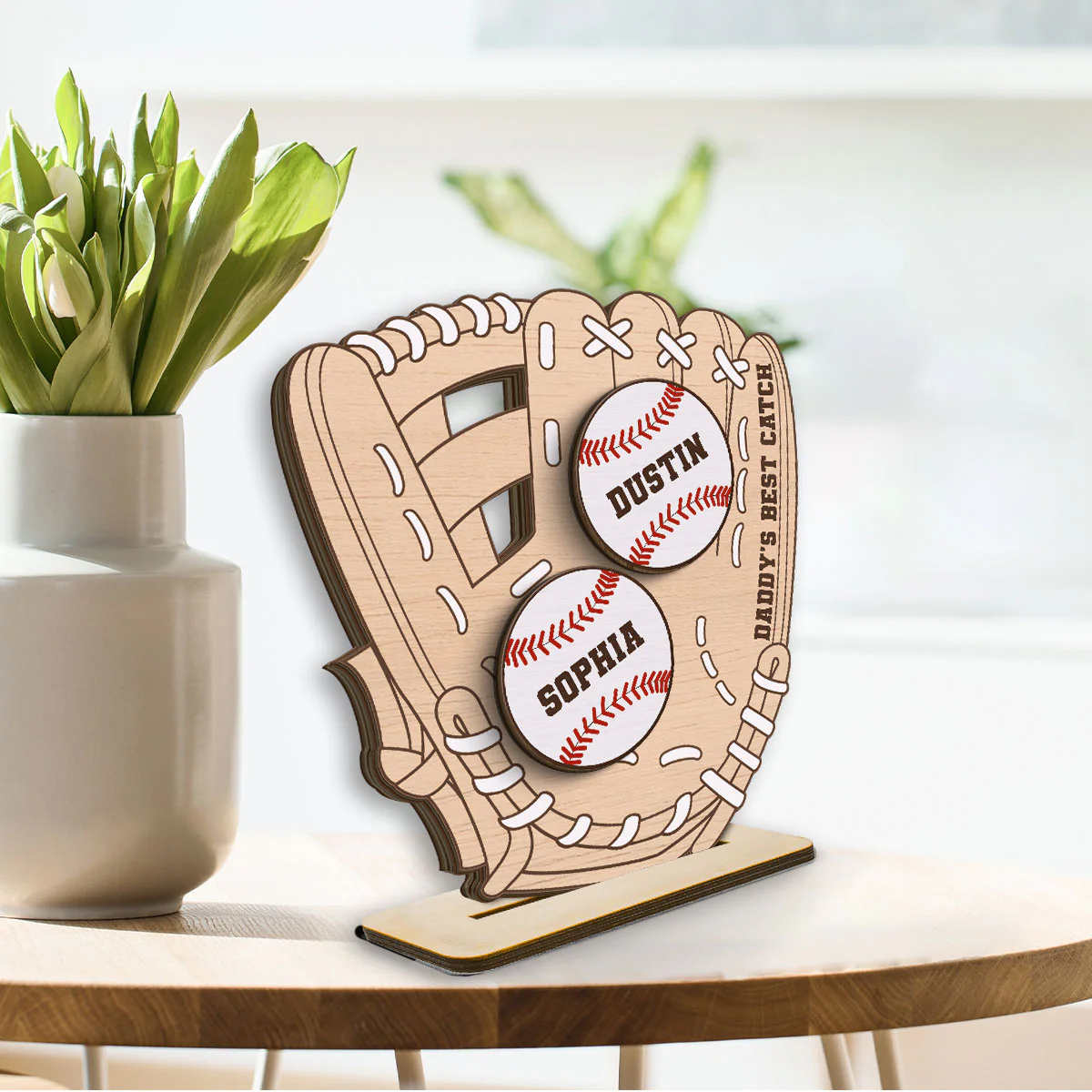 Daddy‘s Best Catch Kids Names In Baseball Glove Personalized 2-Layer Standing Wooden Plaque - Image 3