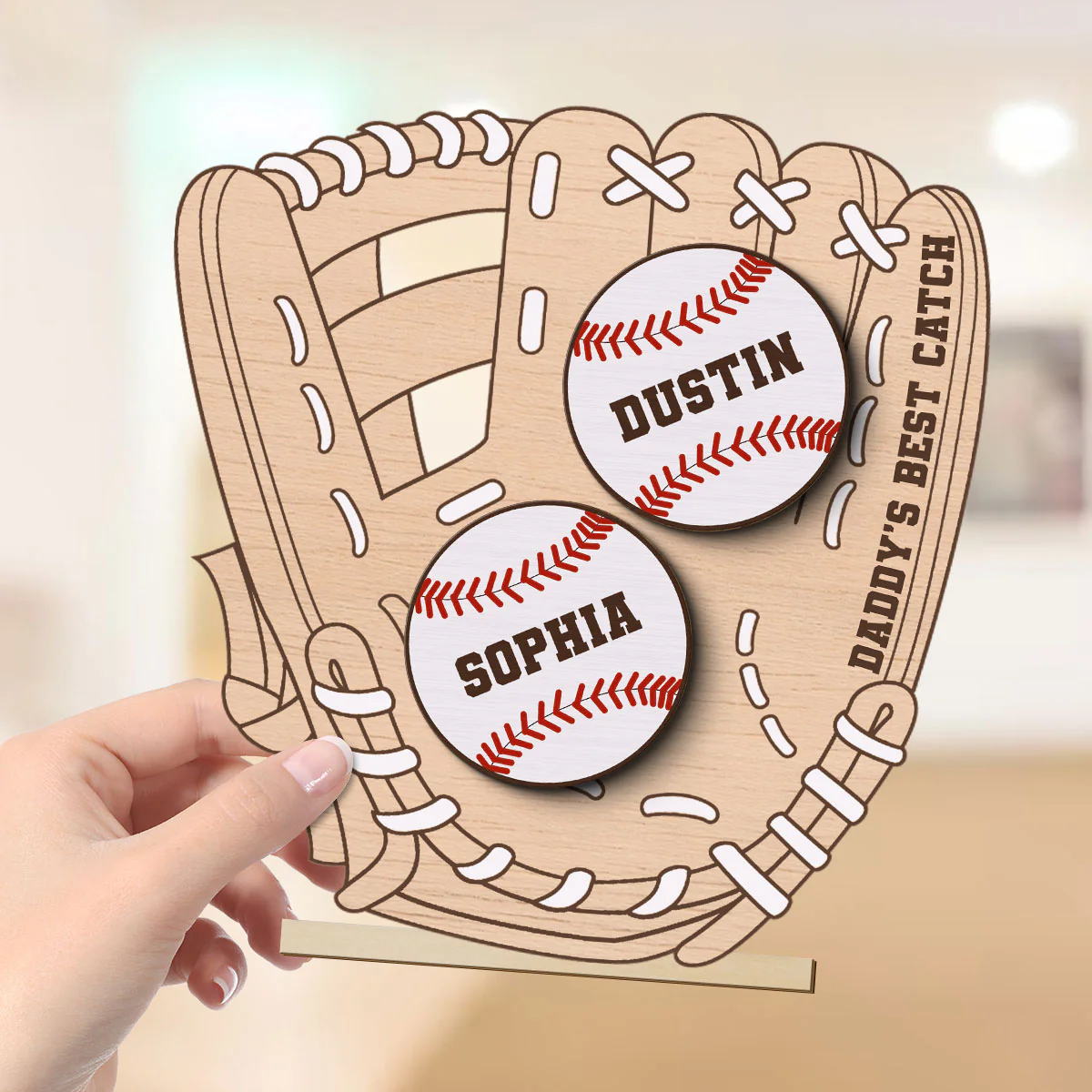 Daddy‘s Best Catch Kids Names In Baseball Glove Personalized 2-Layer Standing Wooden Plaque - Image 4