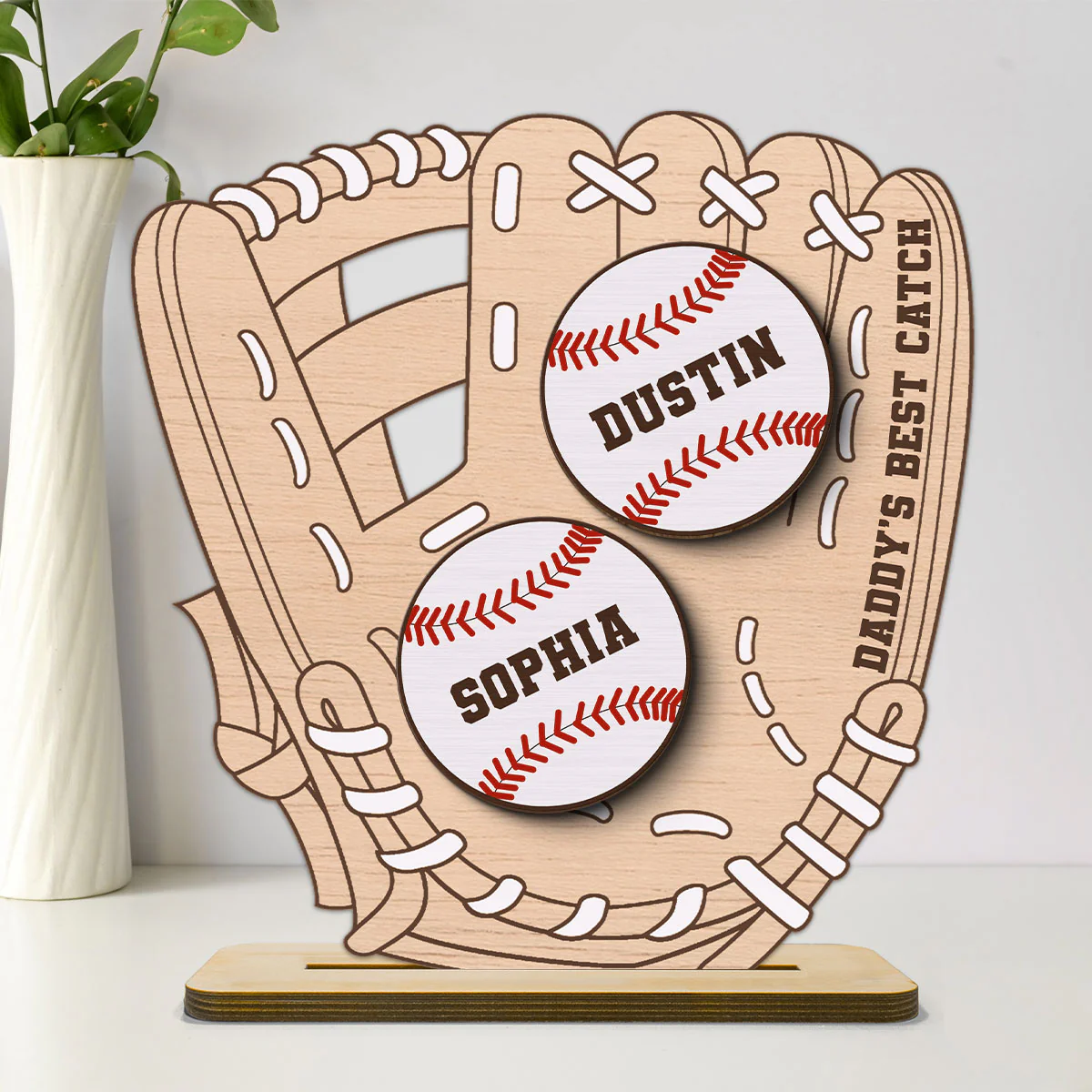 Daddy‘s Best Catch Kids Names In Baseball Glove Personalized 2-Layer Standing Wooden Plaque - Image 9