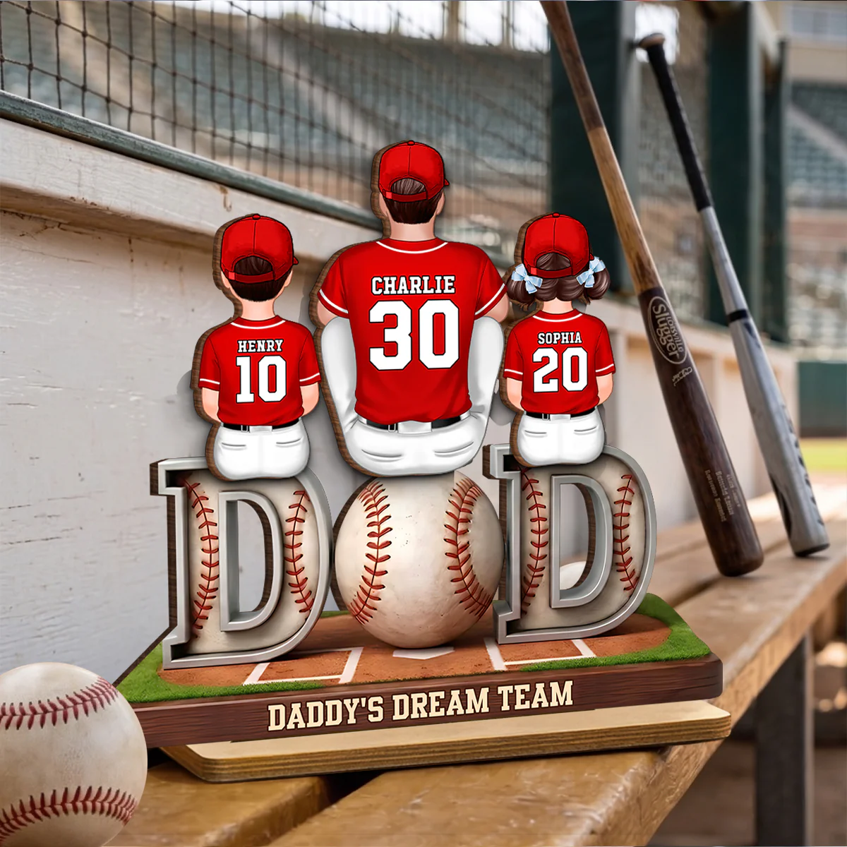 Daddy's Dream Team Baseball Family - Personalized 2-Layered Wooden Plaque - Heartfelt Gift For Baseball Dad, Gift For Family - Image 2