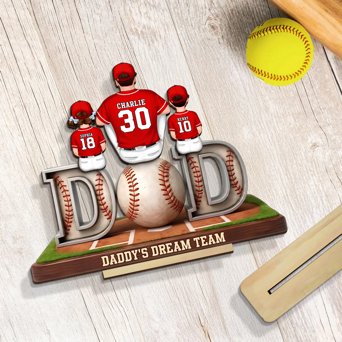 Daddy's Dream Team Baseball Family - Personalized 2-Layered Wooden Plaque - Heartfelt Gift For Baseball Dad, Gift For Family - Image 3
