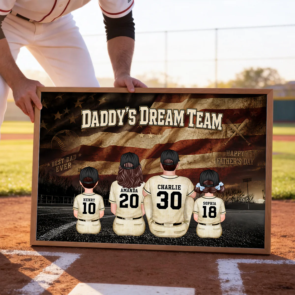 Daddy's Dream Team Baseball Nation Flag Family Sitting - Personalized Poster - Father's Day Gift for Dad, Husband - Image 3