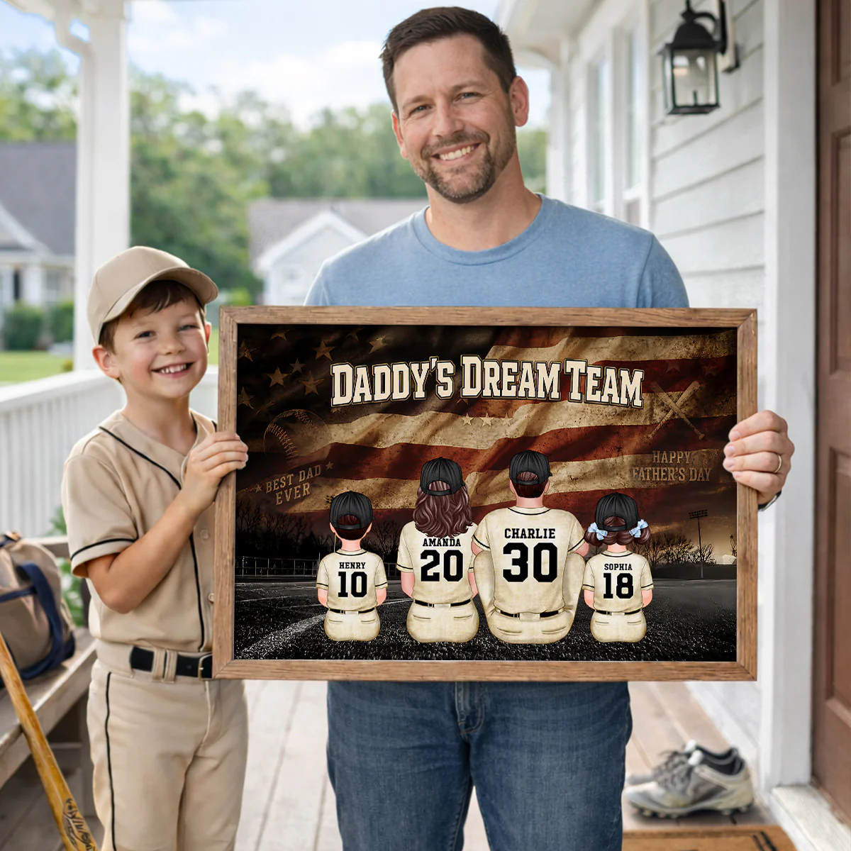 Daddy's Dream Team Baseball Nation Flag Family Sitting - Personalized Poster - Father's Day Gift for Dad, Husband - Image 4