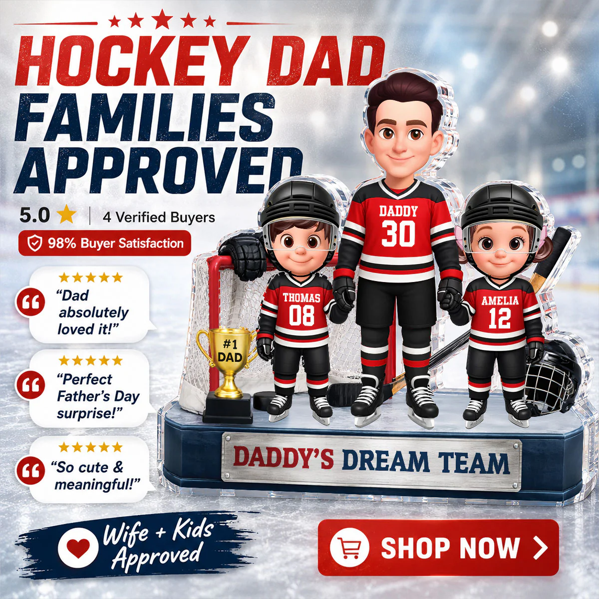 Daddy's Dream Team Hockey Dad & Kids - Personalized Acrylic Block Plaque -  Gift For Dad, Husband - Image 11