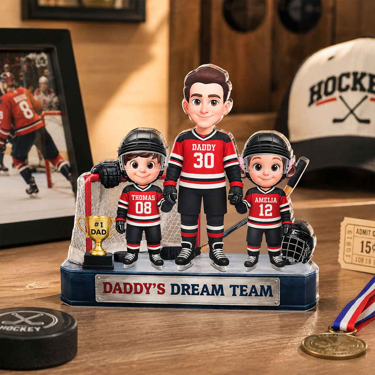 Daddy's Dream Team Hockey Dad & Kids - Personalized Acrylic Block Plaque -  Gift For Dad, Husband - Image 5