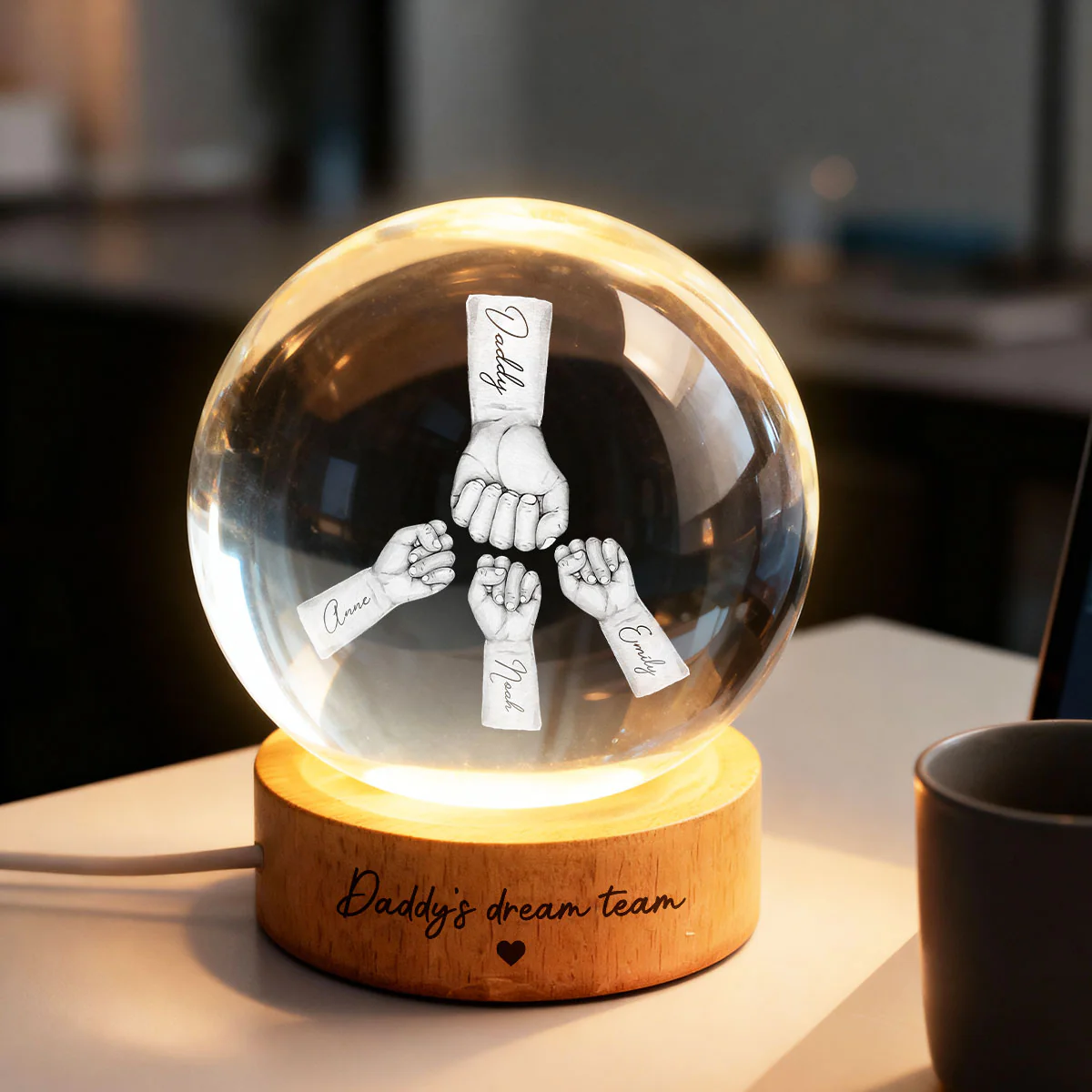 Daddy's Dream Team - Personalized Crystal Ball LED Night Light - Gift for Dad, Husband - Image 2