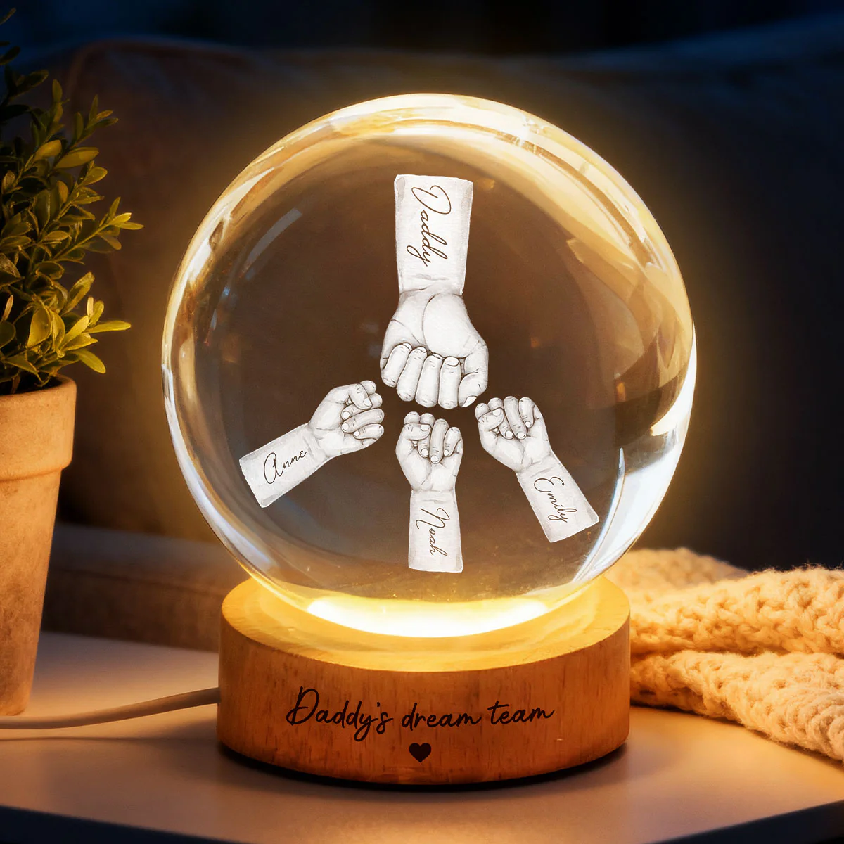 Daddy's Dream Team - Personalized Crystal Ball LED Night Light - Gift for Dad, Husband - Image 3