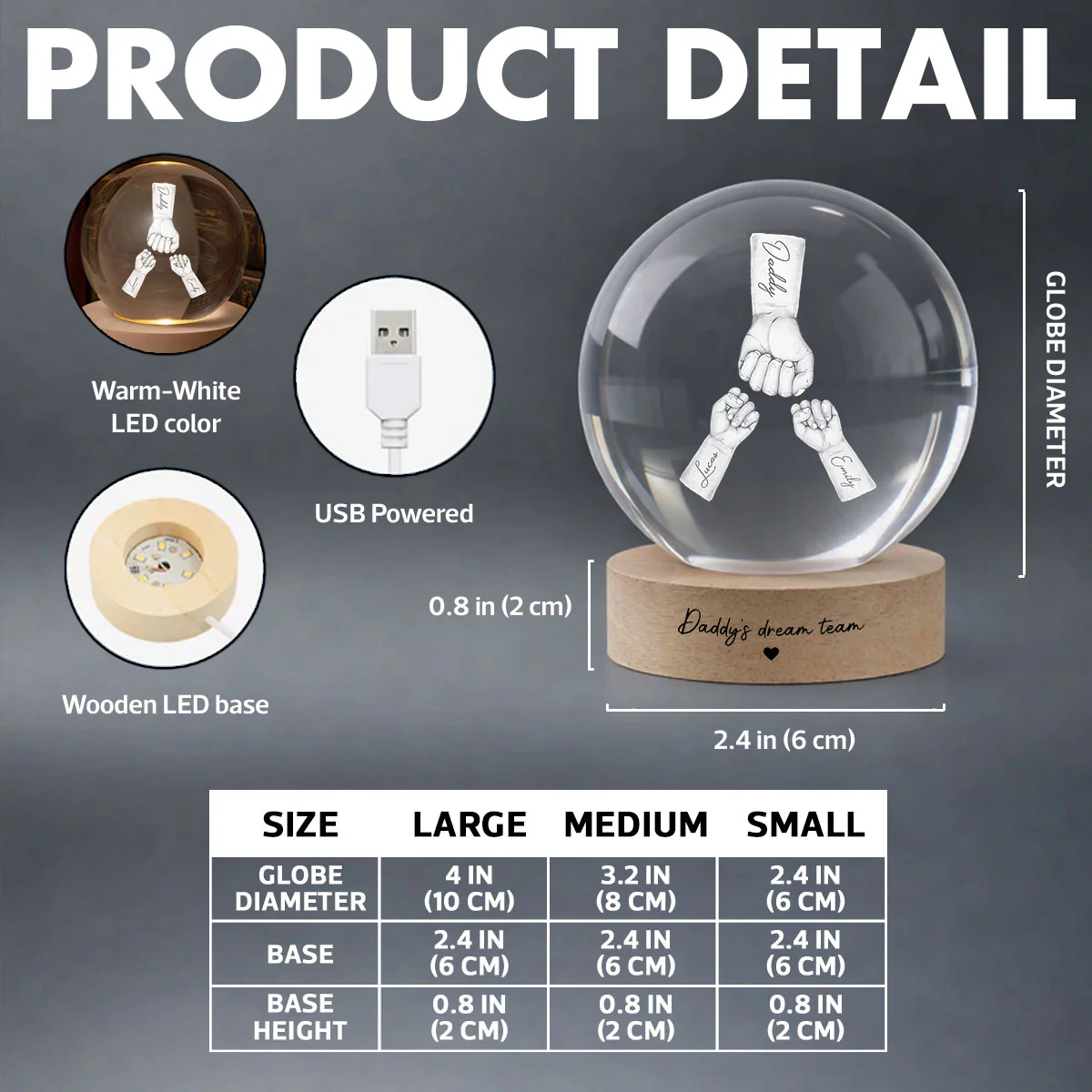 Daddy's Dream Team - Personalized Crystal Ball LED Night Light - Gift for Dad, Husband - Image 7