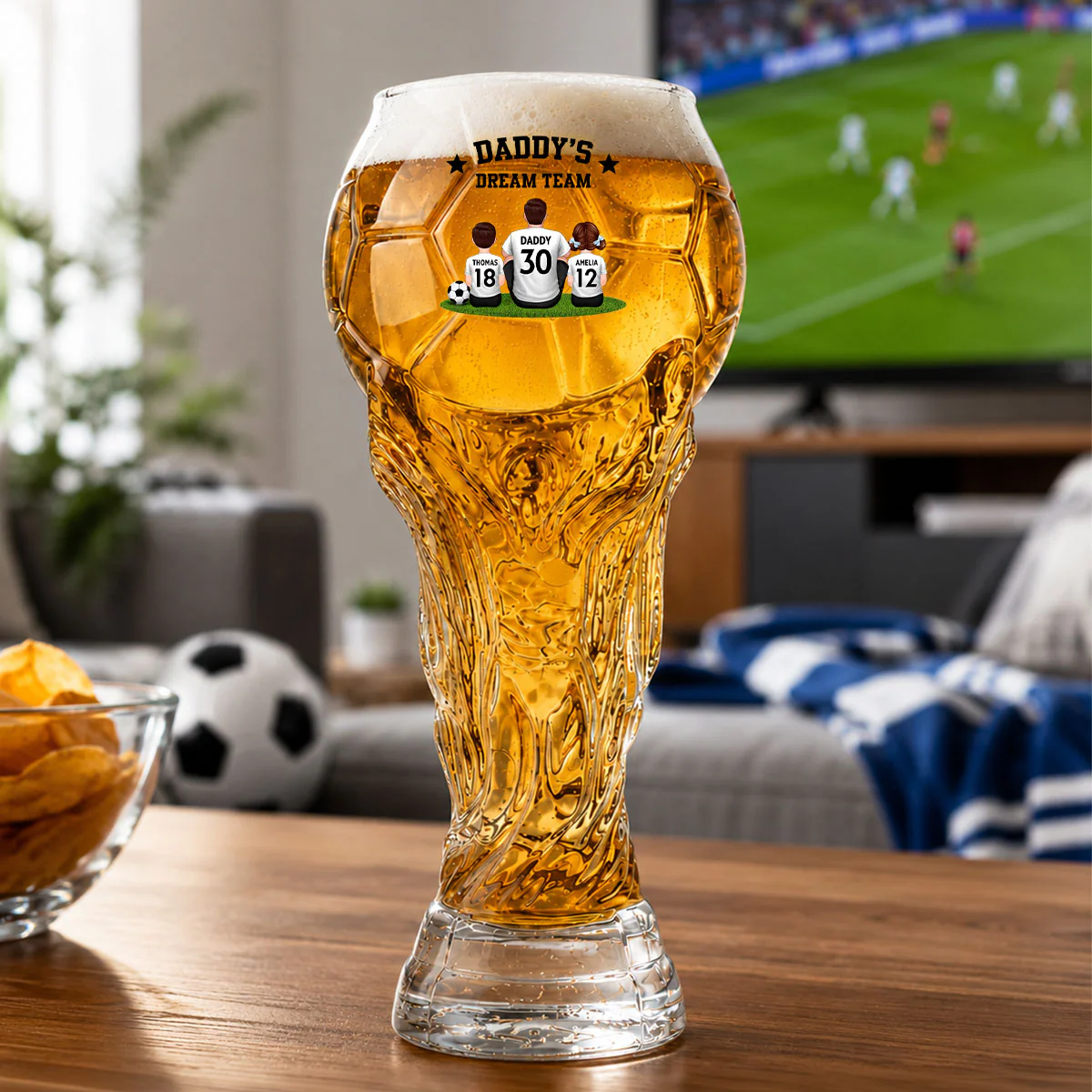 Daddy's Dream Team World Cup 2026 Football - Personalized Trophy Beer Glass - Match Day Beer Glass, Birthday Gift for Him, Gift for Dad - Image 2