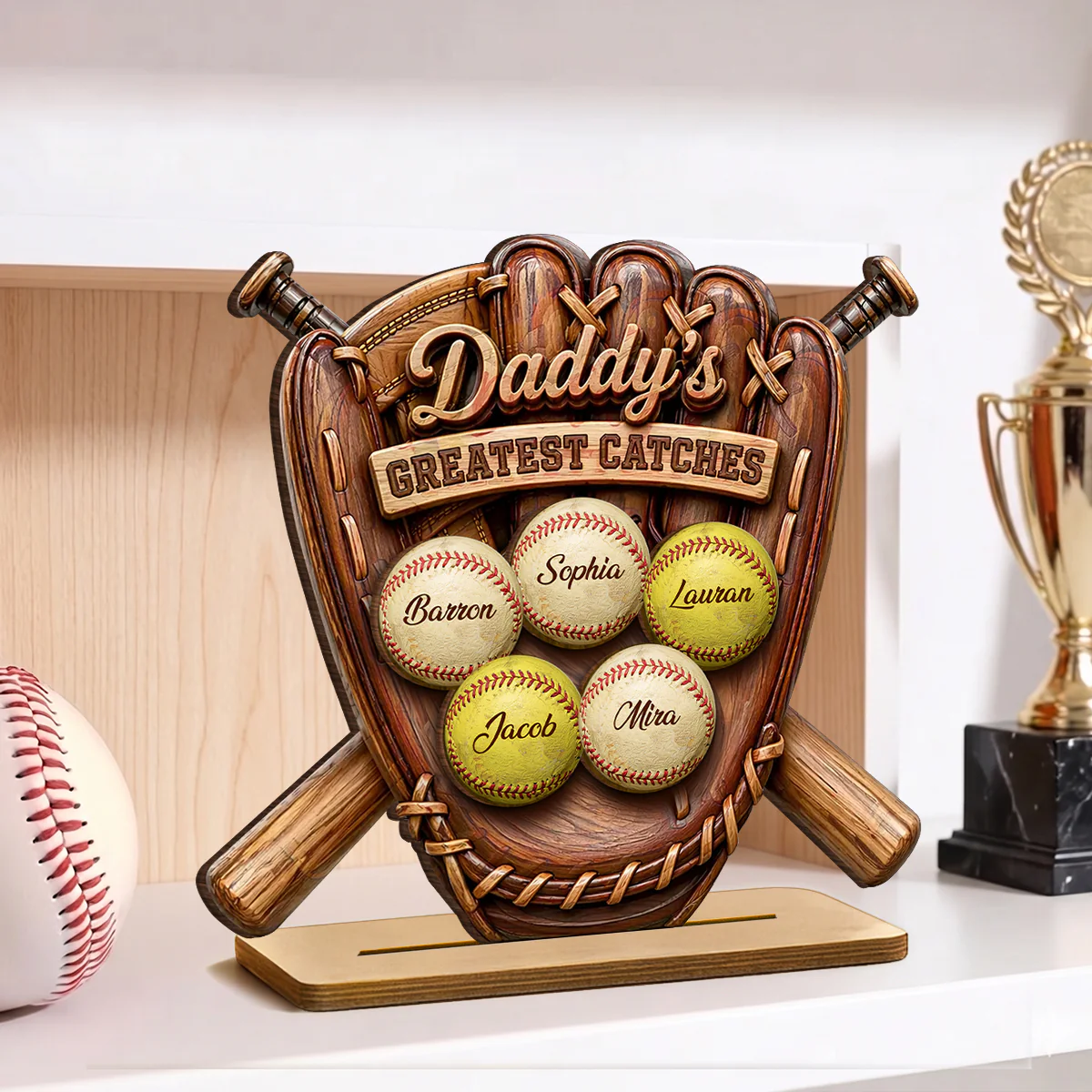 Daddy's Greatest Catches Baseball Softball - Personalized 2-Layered Wooden Plaque -  Gift for Husband, Dad - Image 4