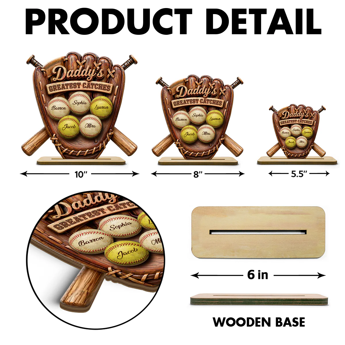 Daddy's Greatest Catches Baseball Softball - Personalized 2-Layered Wooden Plaque -  Gift for Husband, Dad - Image 7