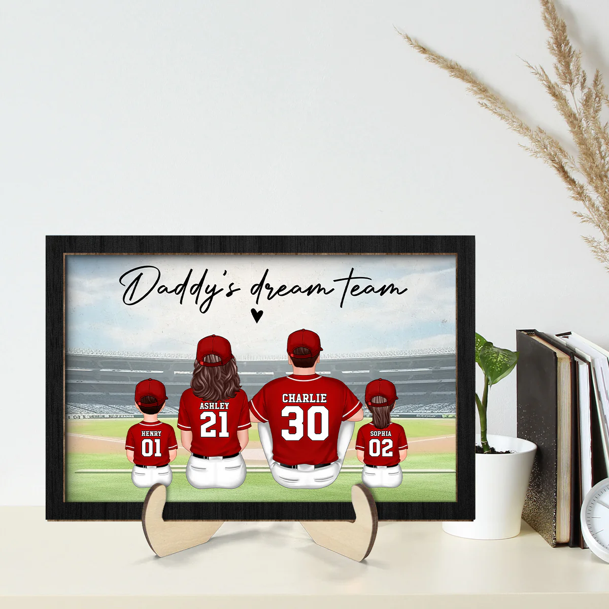 Daddy's Team Baseball Family Sitting Personalized 2-Layer Wooden Plaque, Gift For Dad, Grandpa, Husband - Image 2